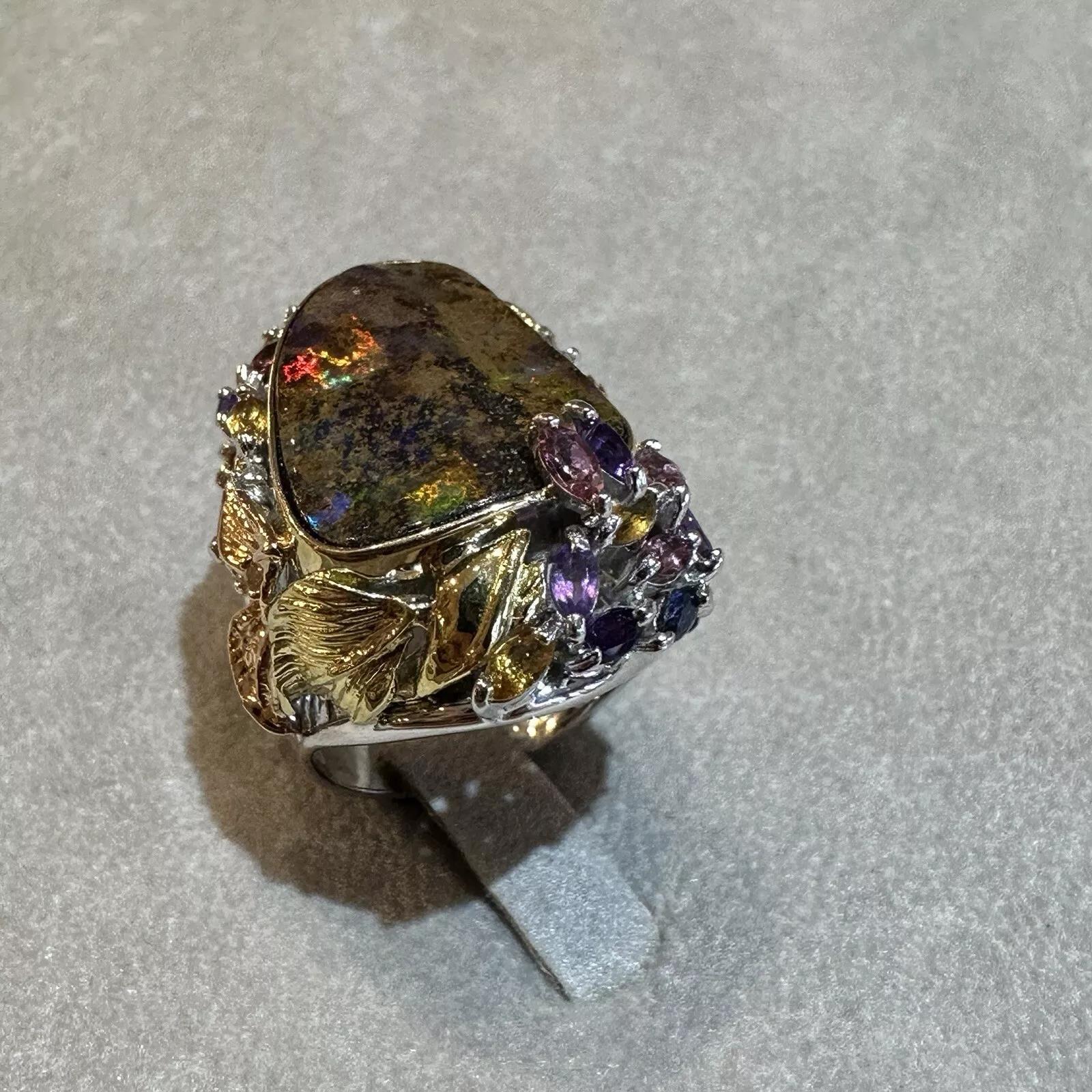 Tumbled Natural Boulder Opal and Mixed Gem Ring in Platinum and 18k Gold