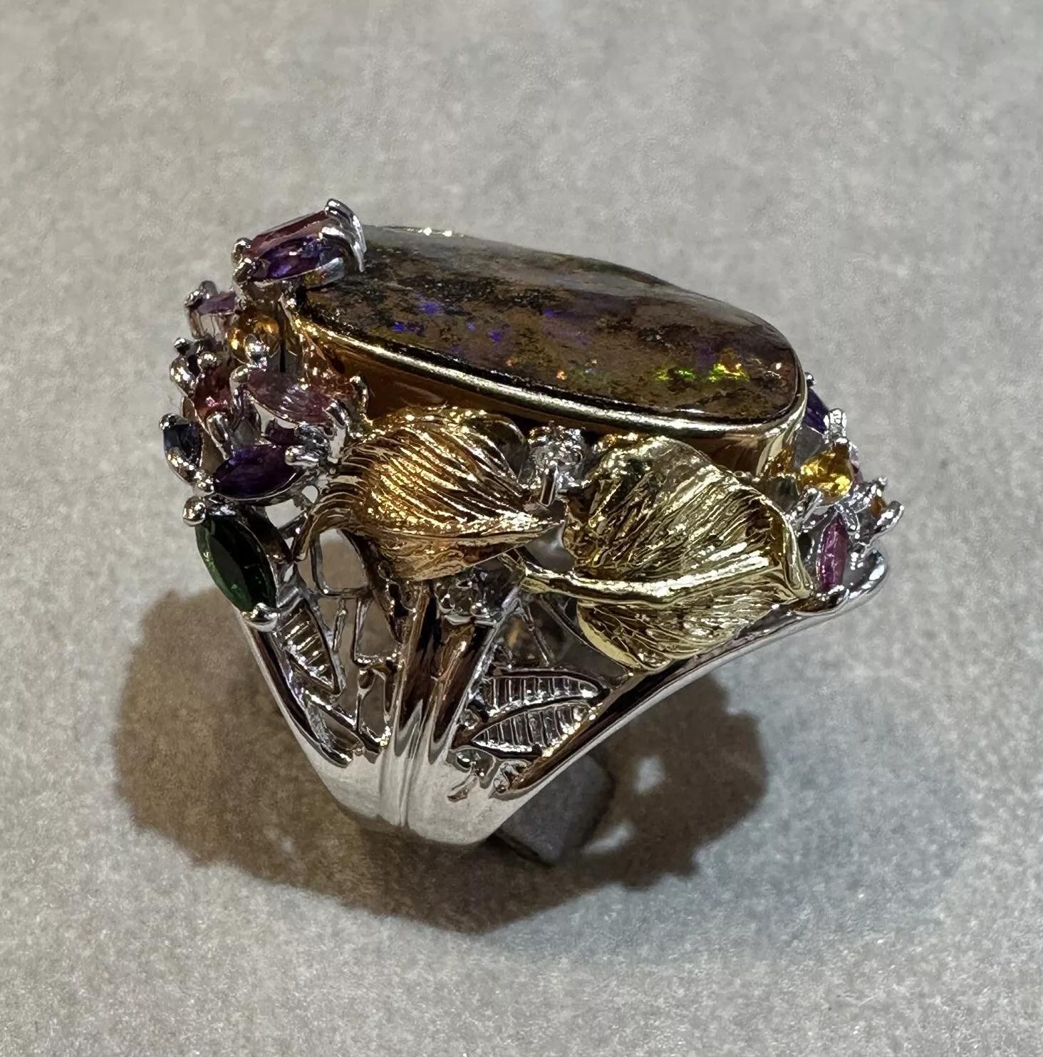 Natural Boulder Opal and Mixed Gem Ring in Platinum and 18k Gold In Excellent Condition In La Jolla, CA