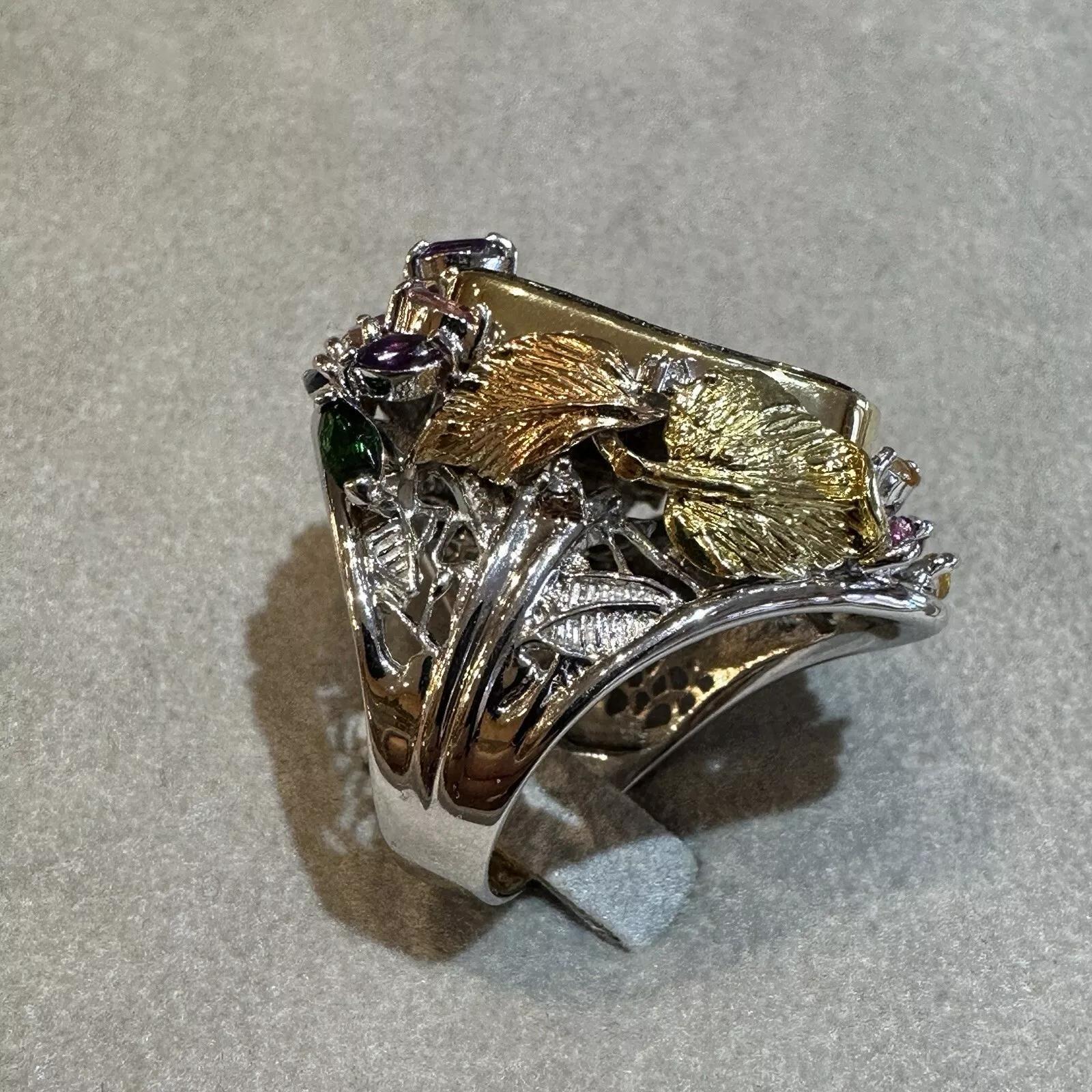 Women's Natural Boulder Opal and Mixed Gem Ring in Platinum and 18k Gold
