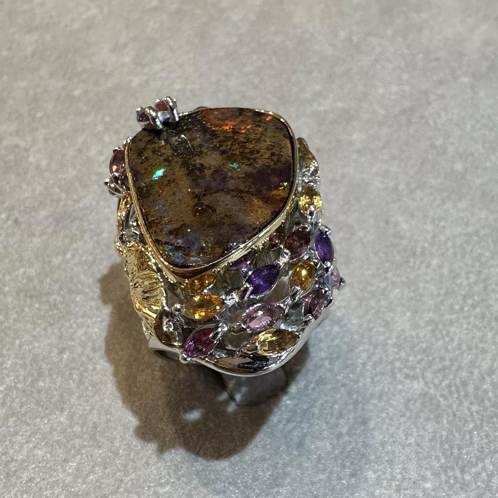 Natural Boulder Opal and Mixed Gem Ring in Platinum and 18k Gold 1