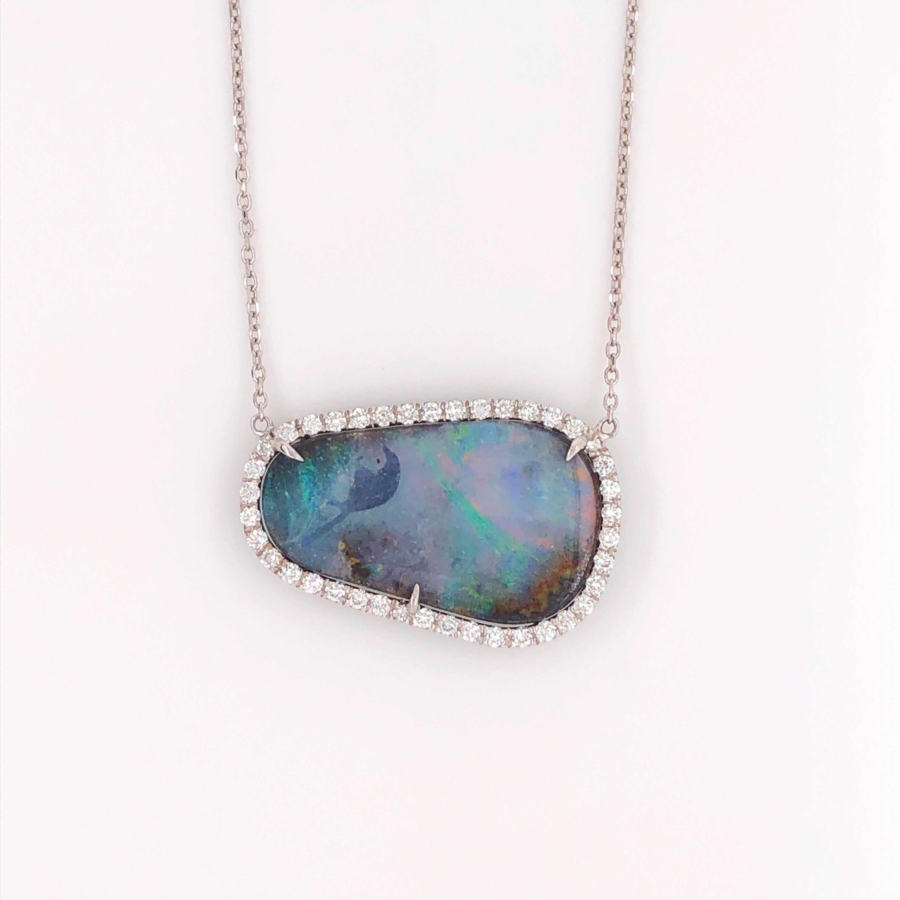 Round Cut Natural Boulder Opal Free-Form Pendant and 0.40 Carat Total of Round Diamonds
