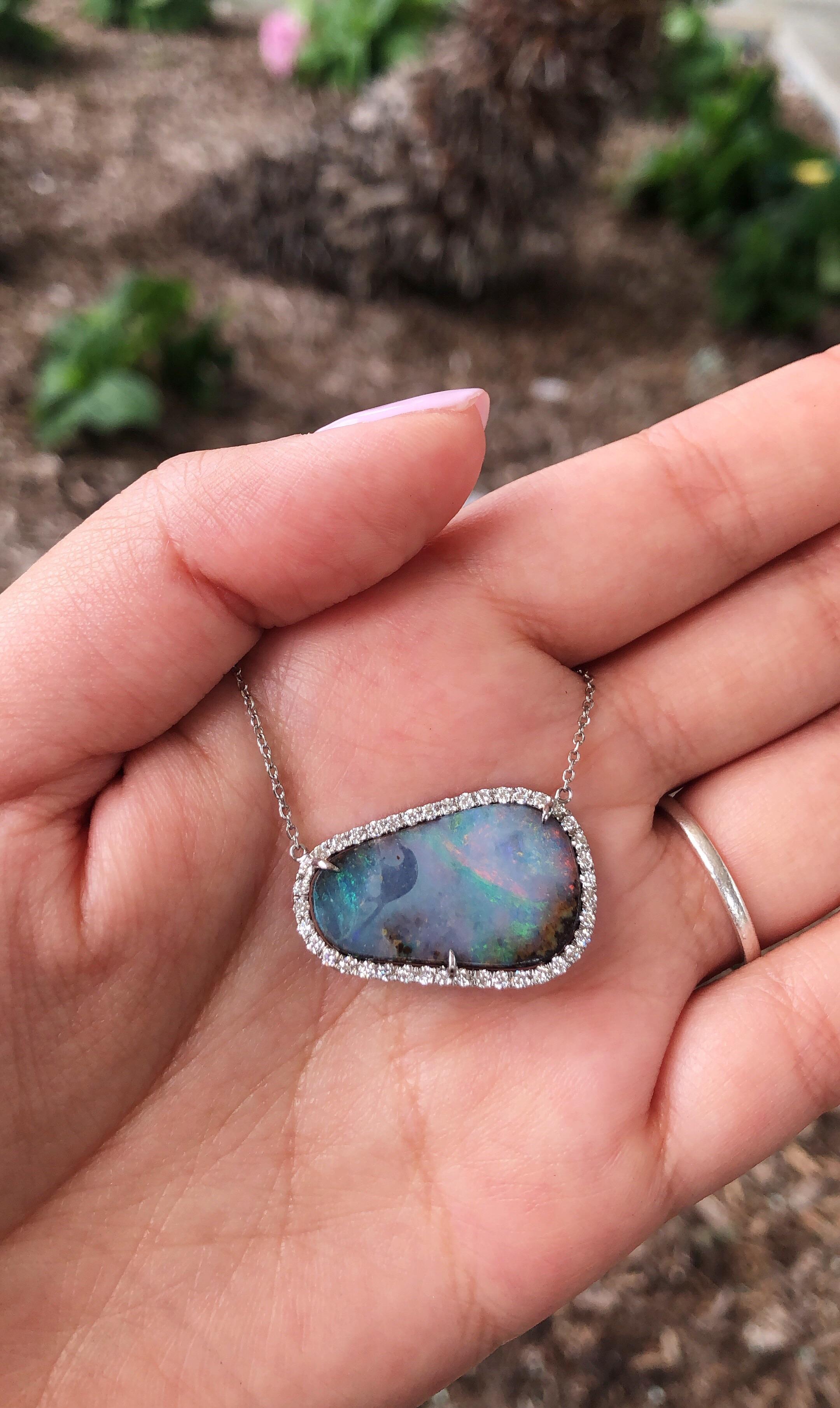 Natural Boulder Opal Free-Form Pendant and 0.40 Carat Total of Round Diamonds In New Condition In Houston, TX