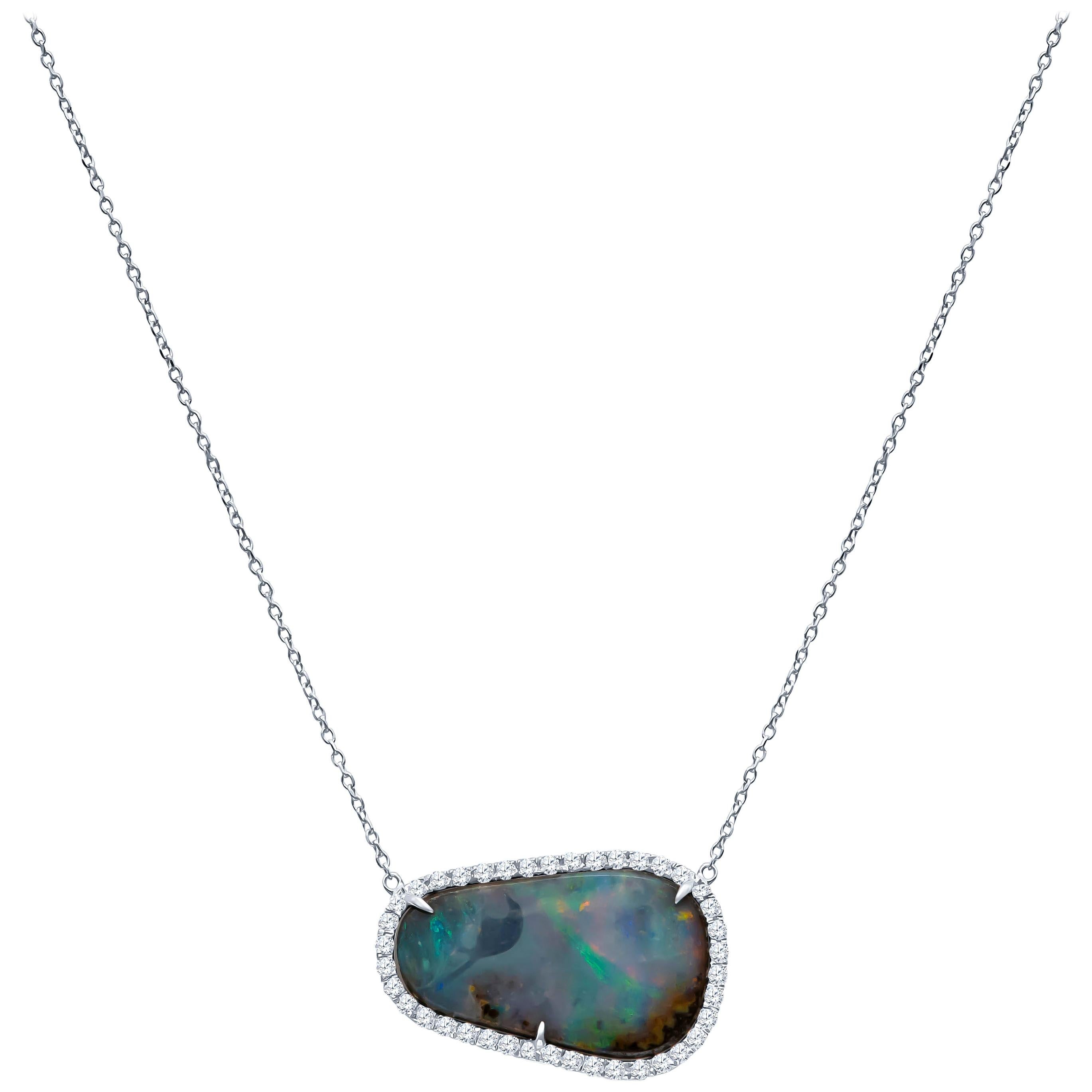 Natural Boulder Opal Free-Form Pendant and 0.40 Carat Total of Round Diamonds