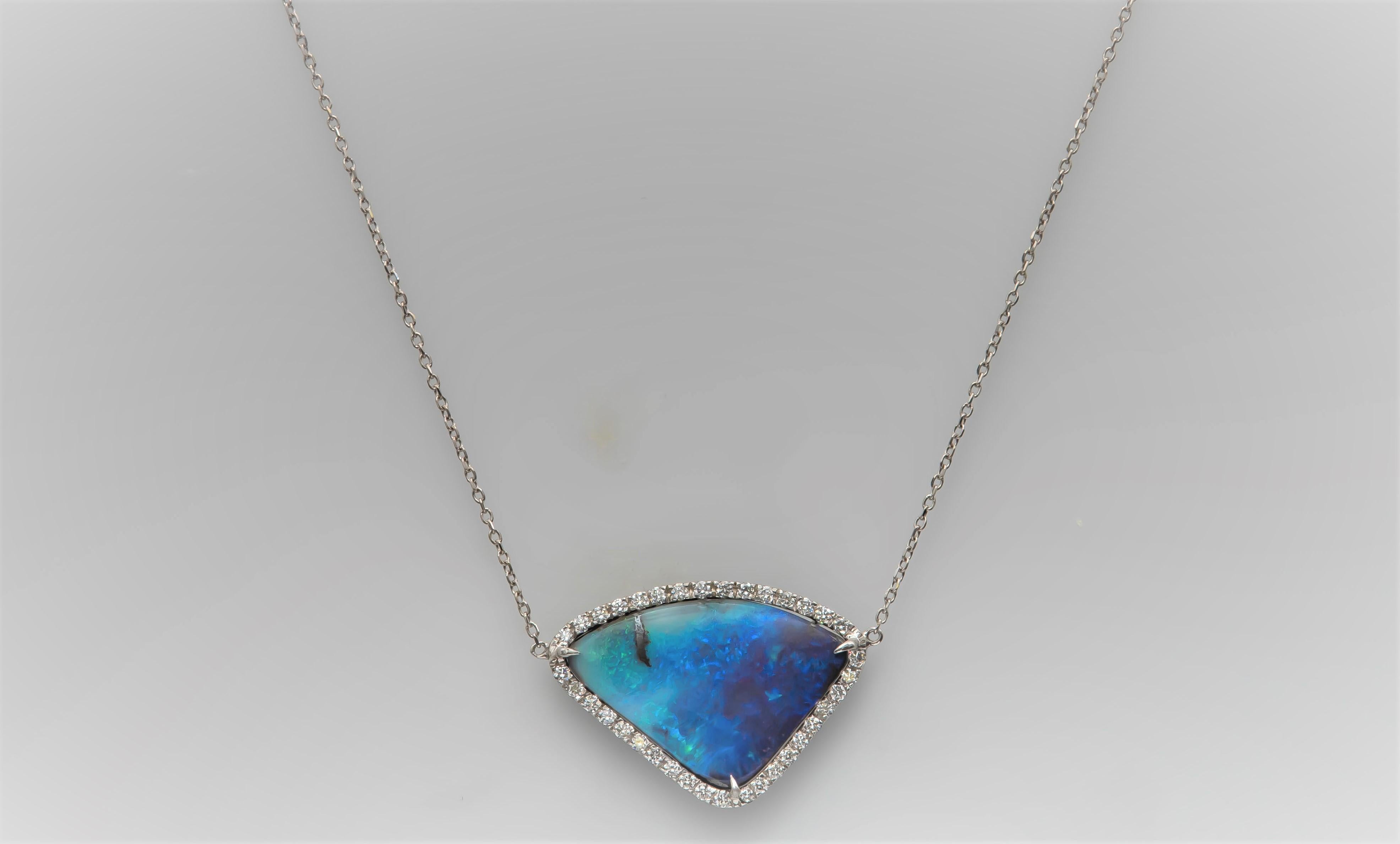 Natural Boulder Opal, Free-form Pendant with 0.36 Carat Total of Round Diamonds In New Condition In Houston, TX