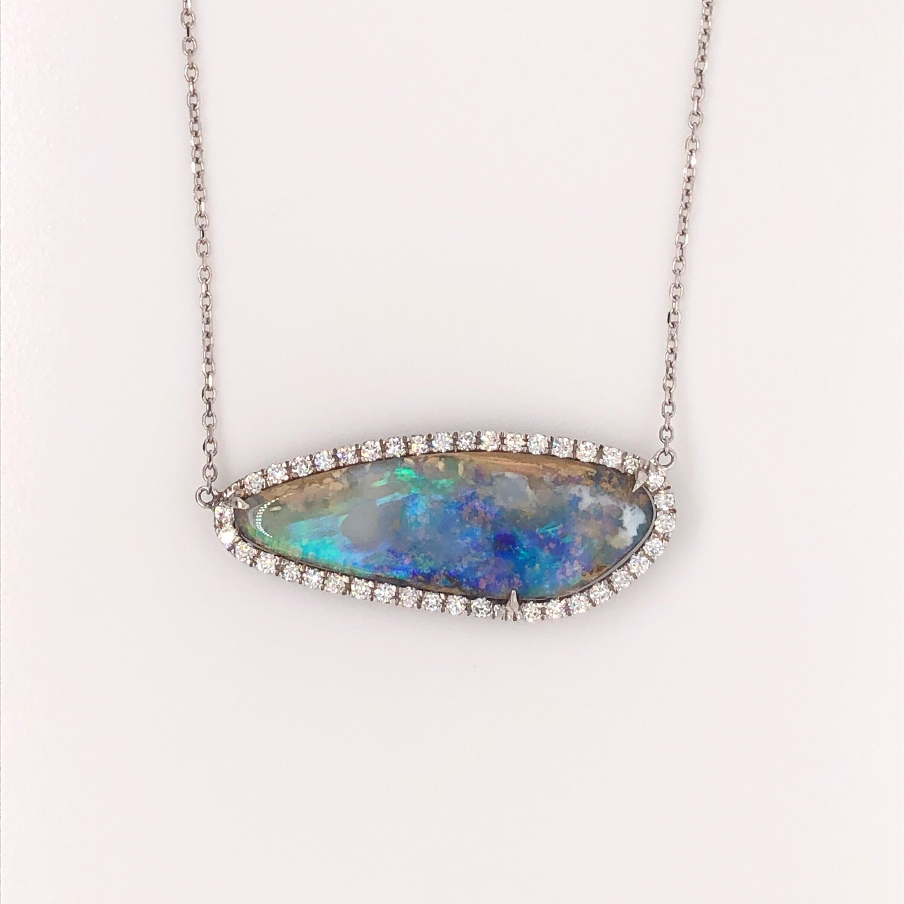 Round Cut Natural Boulder Opal, Freeform Pendant with 0.42 Carat Total of Round Diamonds