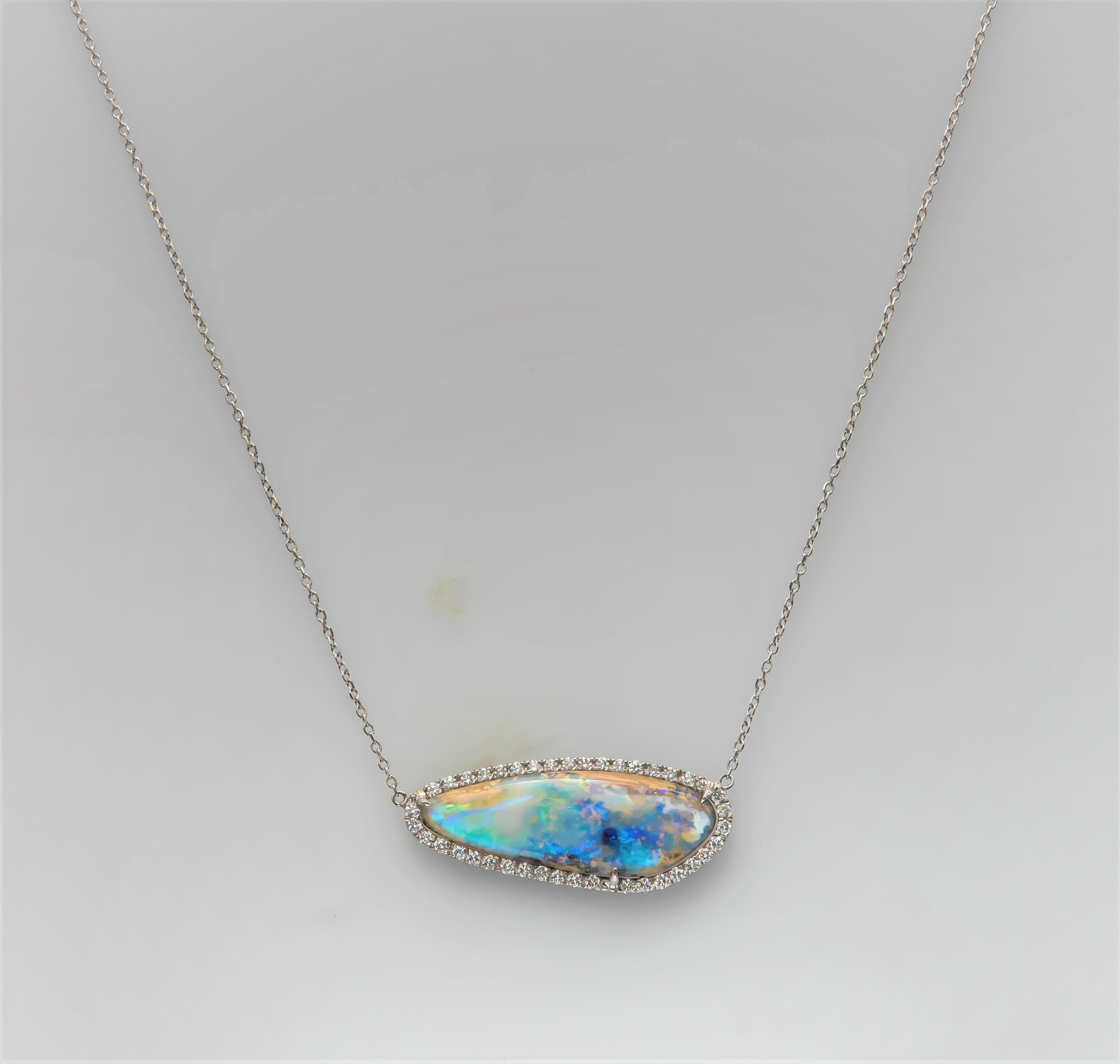 Natural Boulder Opal, Freeform Pendant with 0.42 Carat Total of Round Diamonds In New Condition In Houston, TX