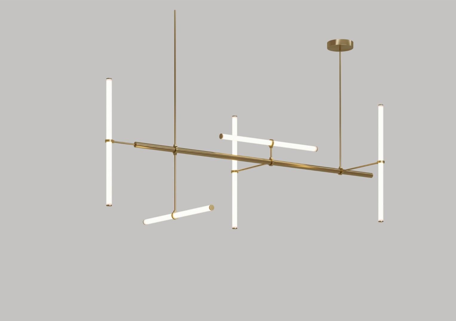 Natural brass light object 023 by Naama Hofman.
Dimensions: D 83 x W 224 x H 83 cm.
Canopy: D 21 cm x H 4.6 cm.
Material: Brass, acrylic tube, LED lights.

The height of this light object can be customized and made to order. Please contact