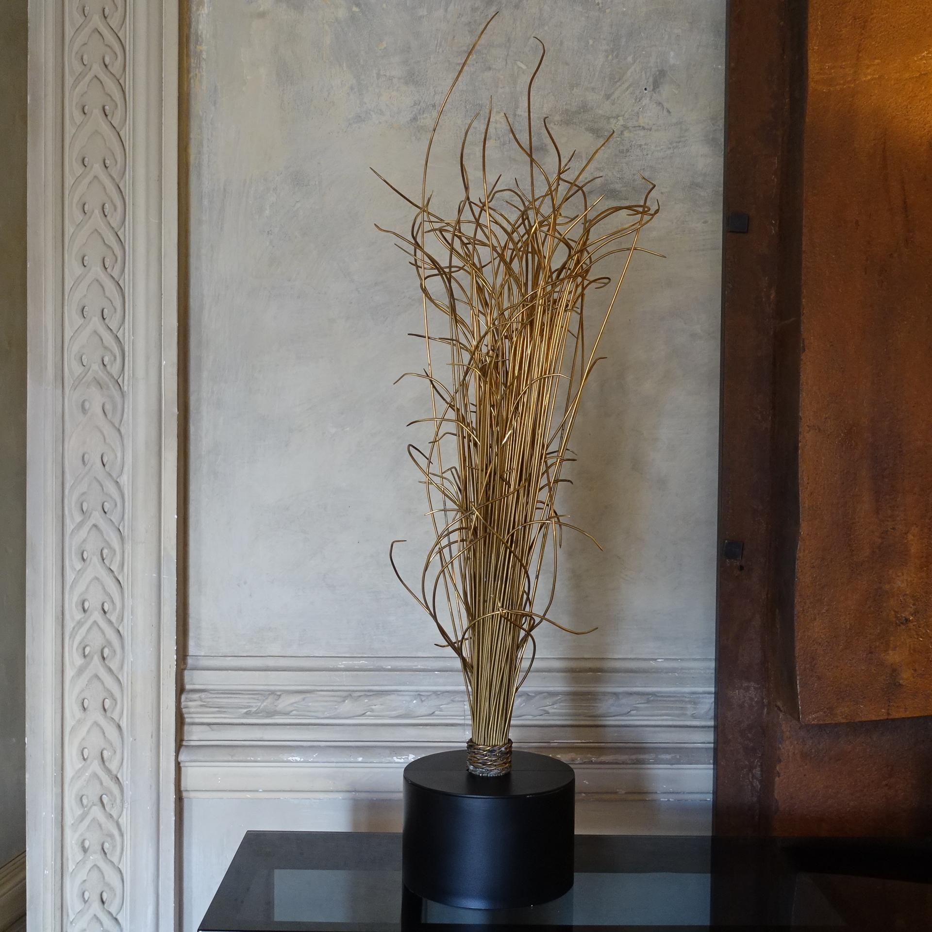 Natural Brass Wire Abstract Sculpture, Black Steel Base, Italy, 1970's Circa 1