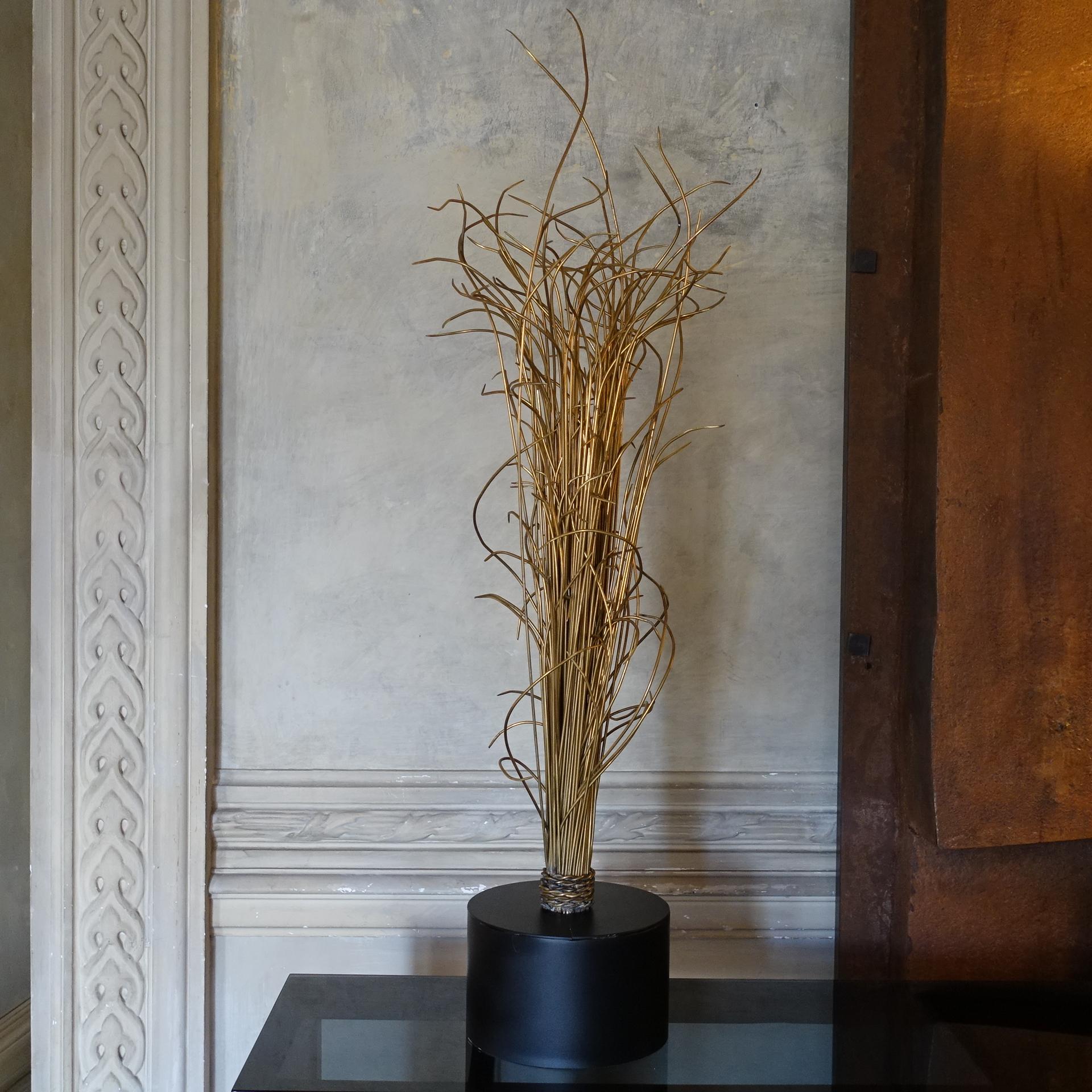 Natural Brass Wire Abstract Sculpture, Black Steel Base, Italy, 1970's Circa 3