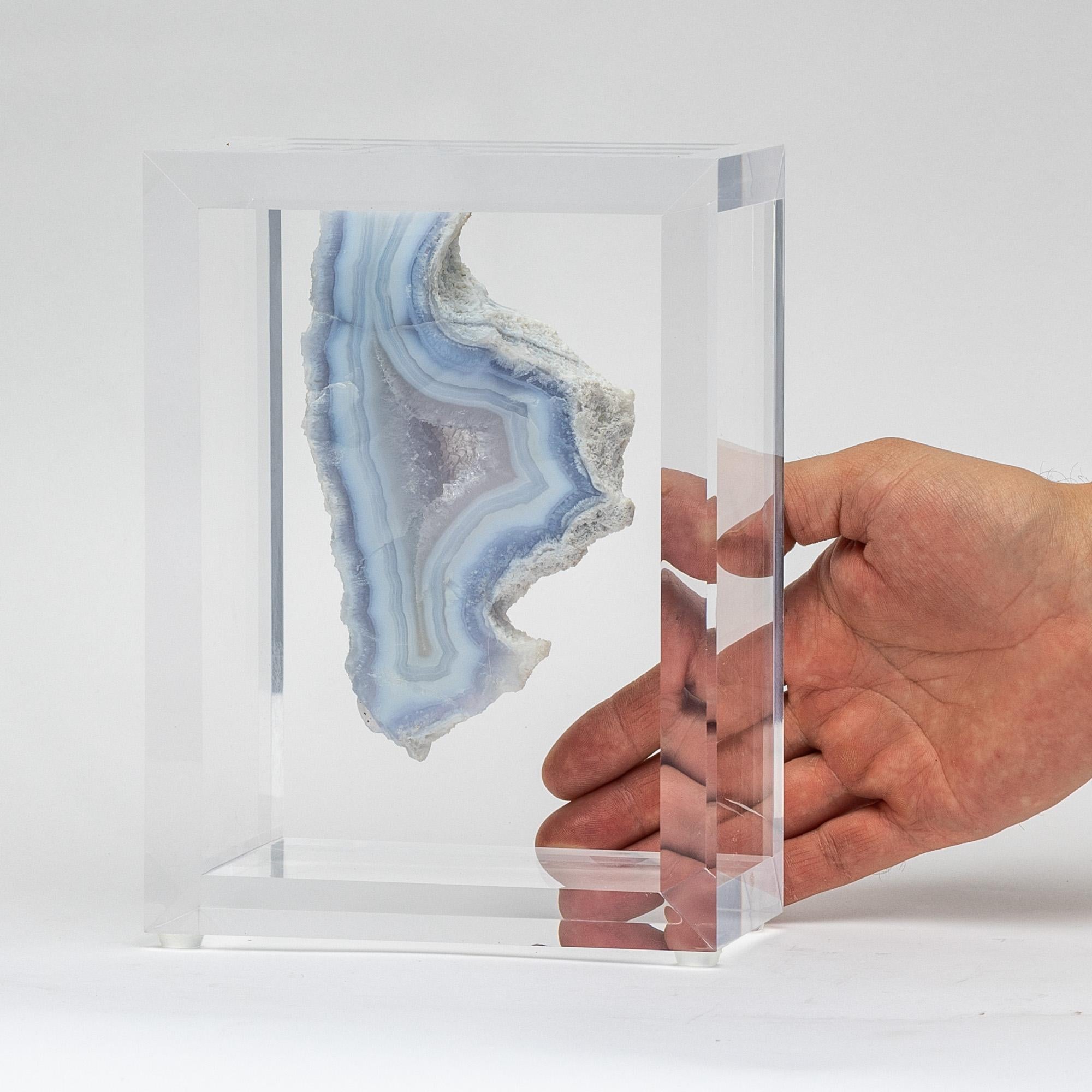 Organic Modern Natural Brazilian Agate specimen mounted in original design acrylic base For Sale