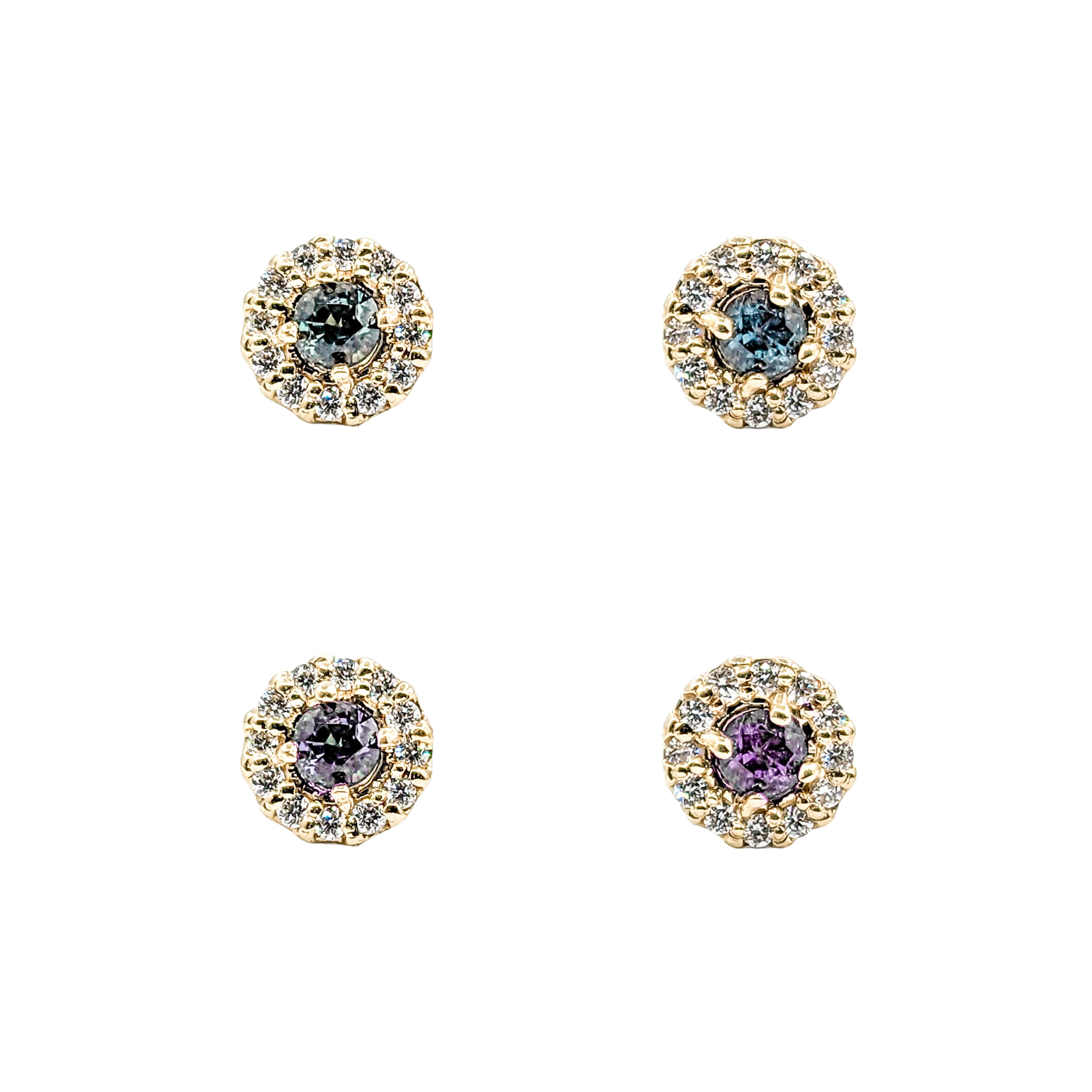 Contemporary Natural Brazilian Alexandrite & Diamond Stud Earrings In Yellow Gold For Sale