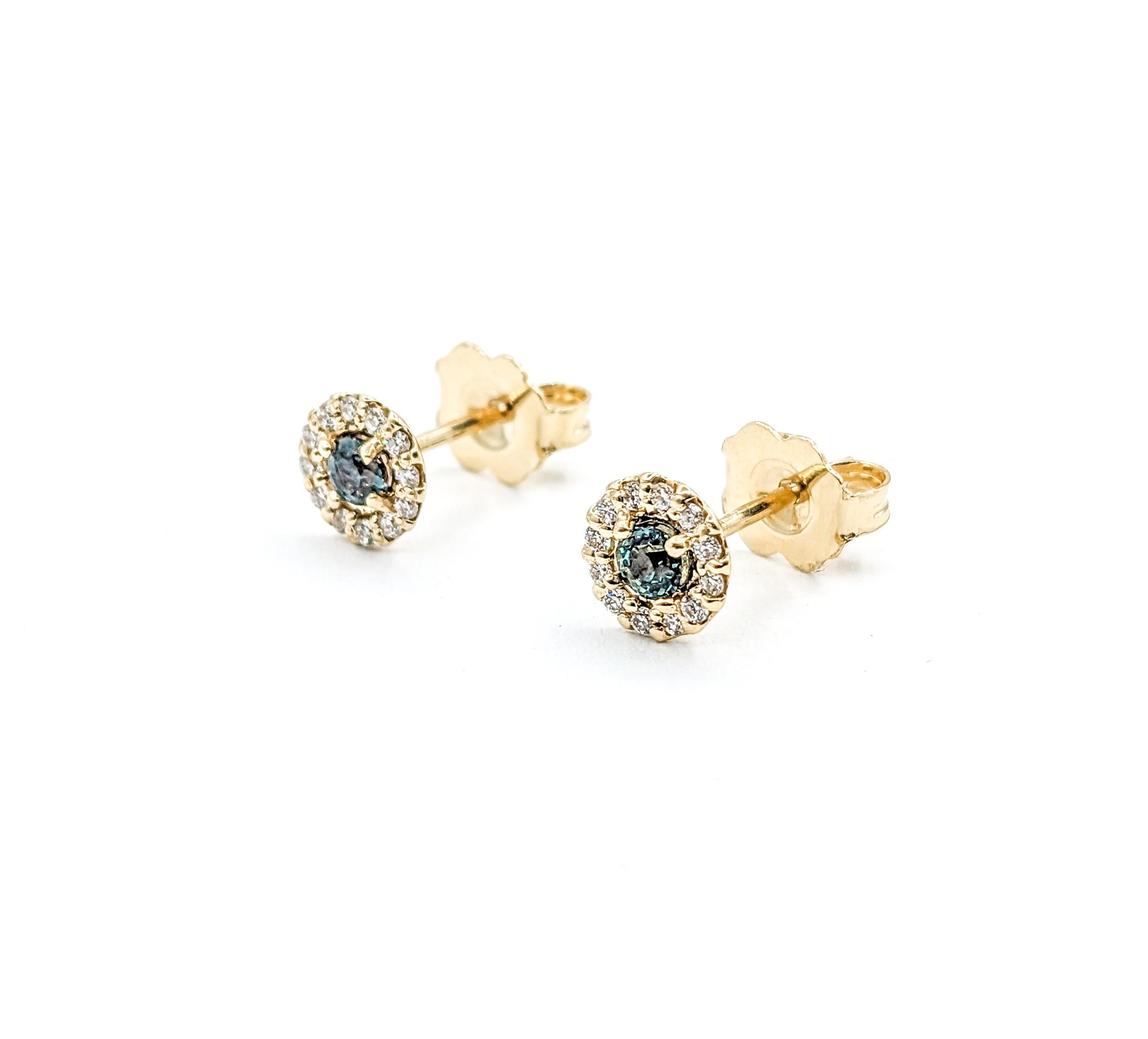 Round Cut Natural Brazilian Alexandrite & Diamond Stud Earrings In Yellow Gold For Sale