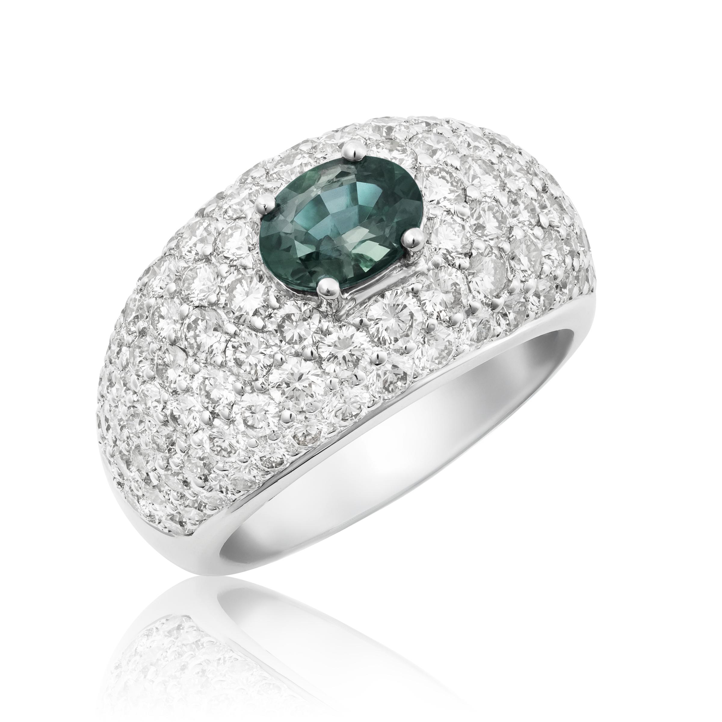 Unveil the allure of rare beauty with this exquisite platinum ring, featuring a captivating 1.15-carat natural Brazilian alexandrite. Famed for its strong color-change phenomenon, this oval-shaped gem shifts from green to purplish tones, creating a