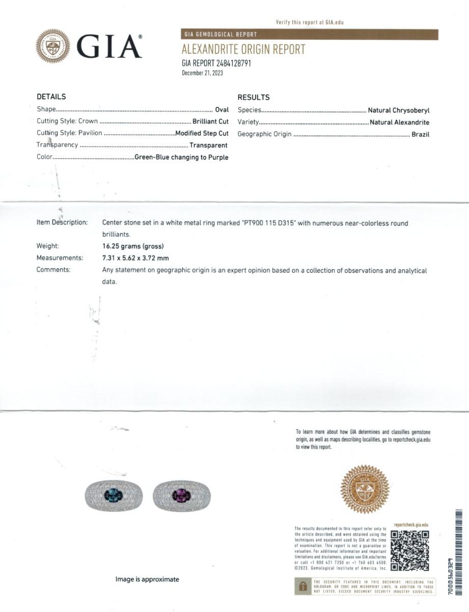 Mixed Cut Natural Brazilian Alexandrite Stone 1.15 cts in Platinum Ring w Dia / GIA Report For Sale