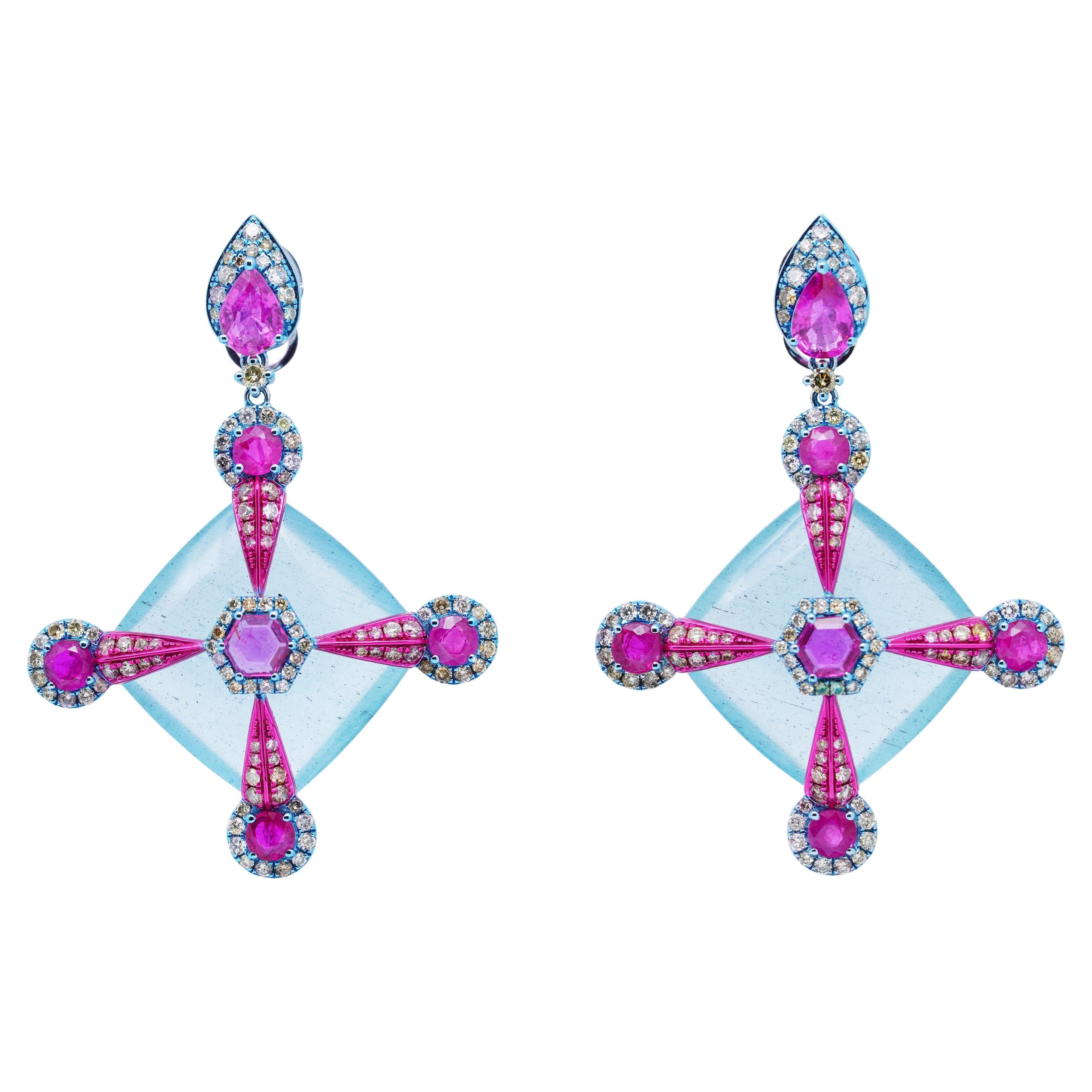 Natural Brazilian Aquamarine, Ruby and Diamond Earrings, 18K Gold, Austy Lee