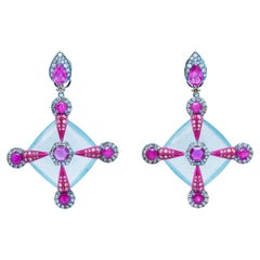 Pendientes de aguamarina brasileña natural, rubí y diamantes, oro de 18 quilates, Austy Lee