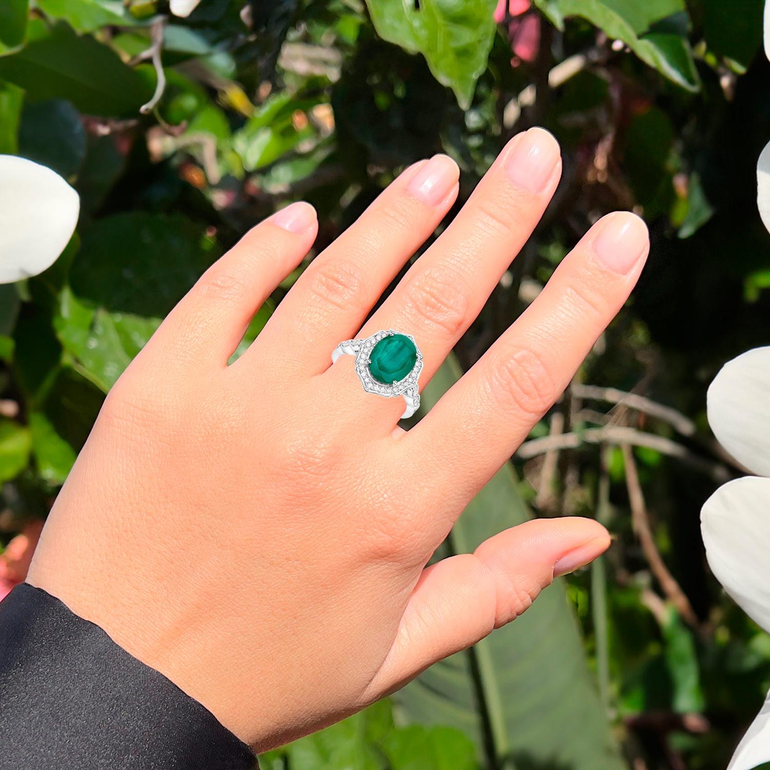 Oval Cut Natural Brazilian Emerald Ring Set With Diamonds 4.6 Carats 14K White Gold For Sale