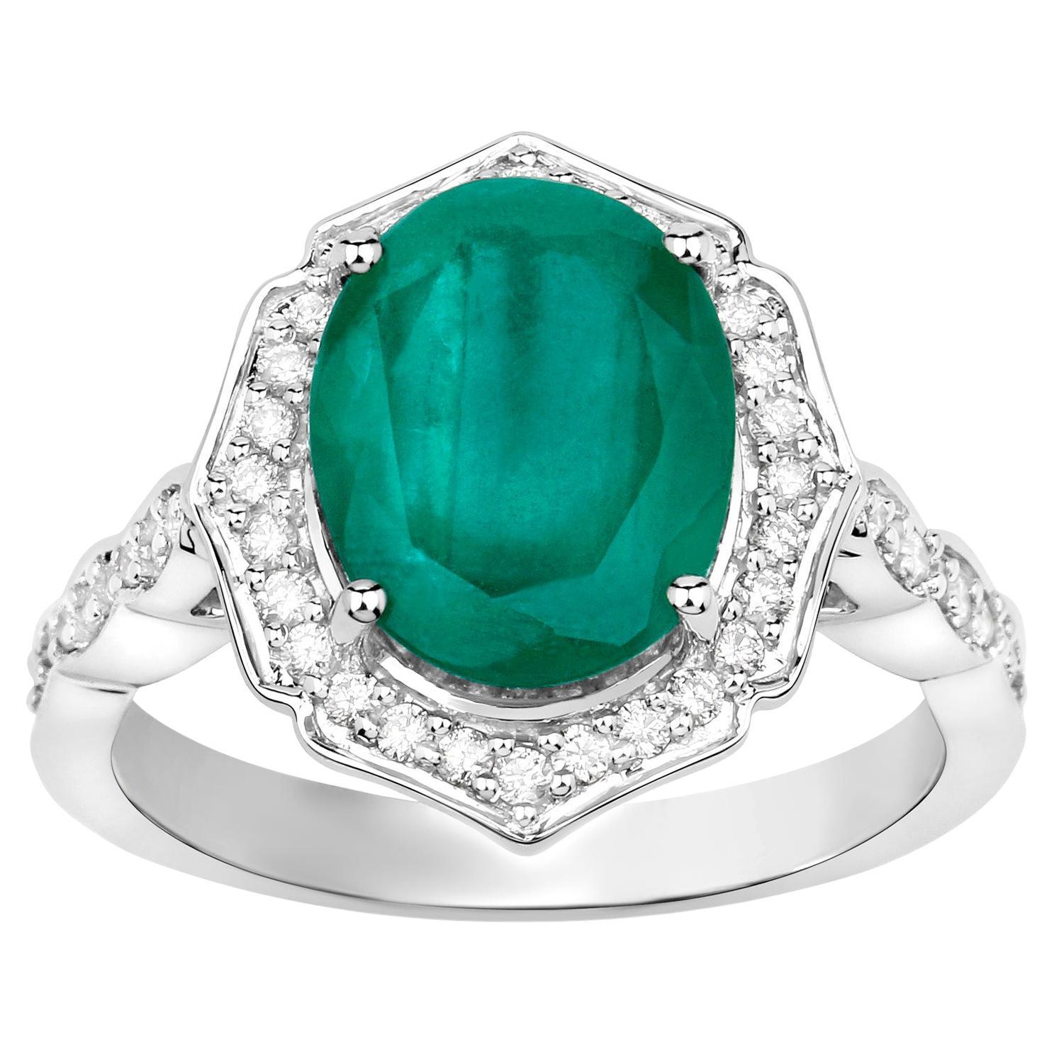 Natural Brazilian Emerald Ring Set With Diamonds 4.6 Carats 14K White Gold For Sale