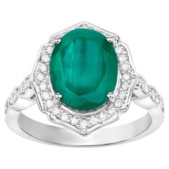 Natural Brazilian Emerald Ring Set With Diamonds 4.6 Carats 14K White Gold