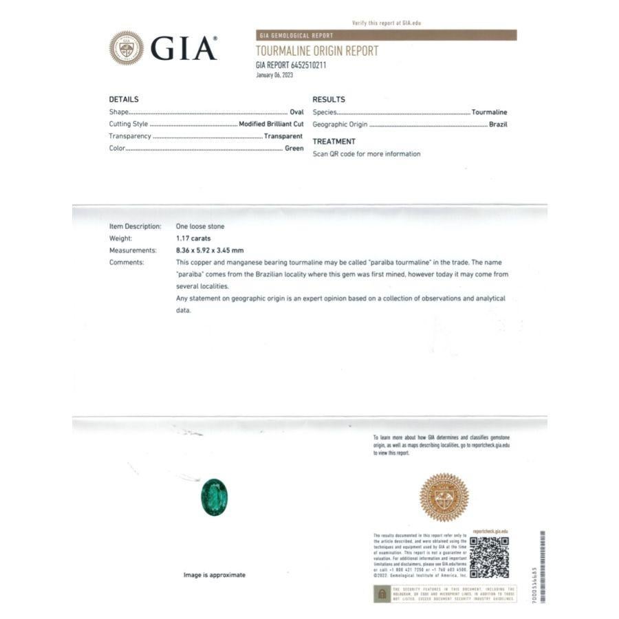 Natürlicher brasilianischer grüner Paraiba Turmalin Edelstein 1,17 Karat mit GIA Bericht (Brillantschliff)