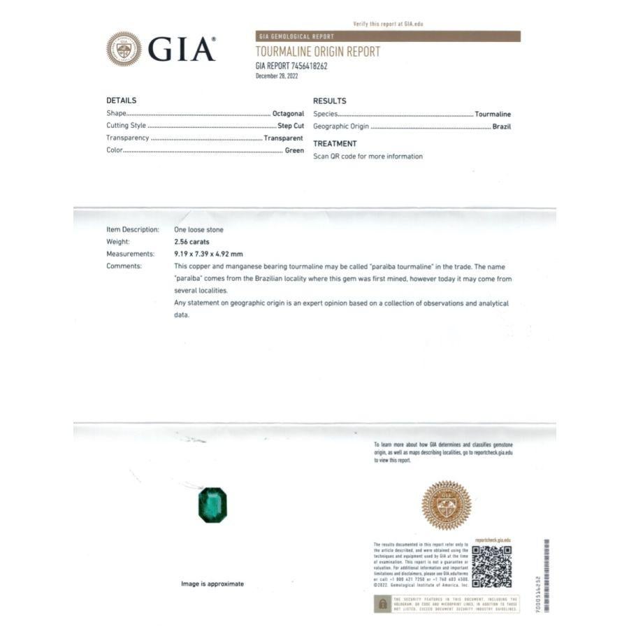 Natürlicher brasilianischer grüner Paraiba Turmalin Edelstein 2,56 Karat mit GIA Bericht (Achteckschliff)
