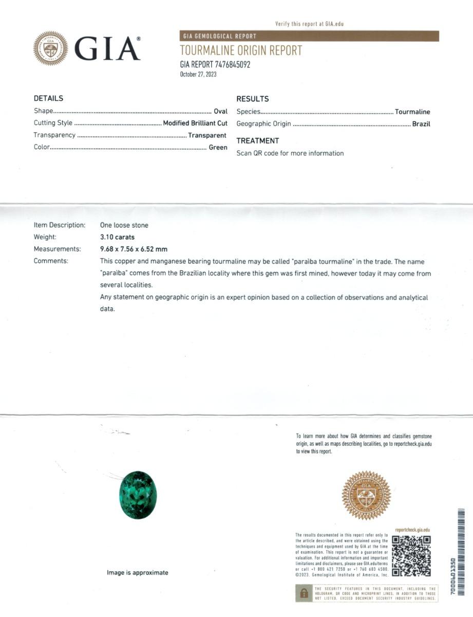 Natürlicher brasilianischer grüner Paraiba Turmalin Edelstein 3,10 Karat mit GIA Bericht (Brillantschliff)