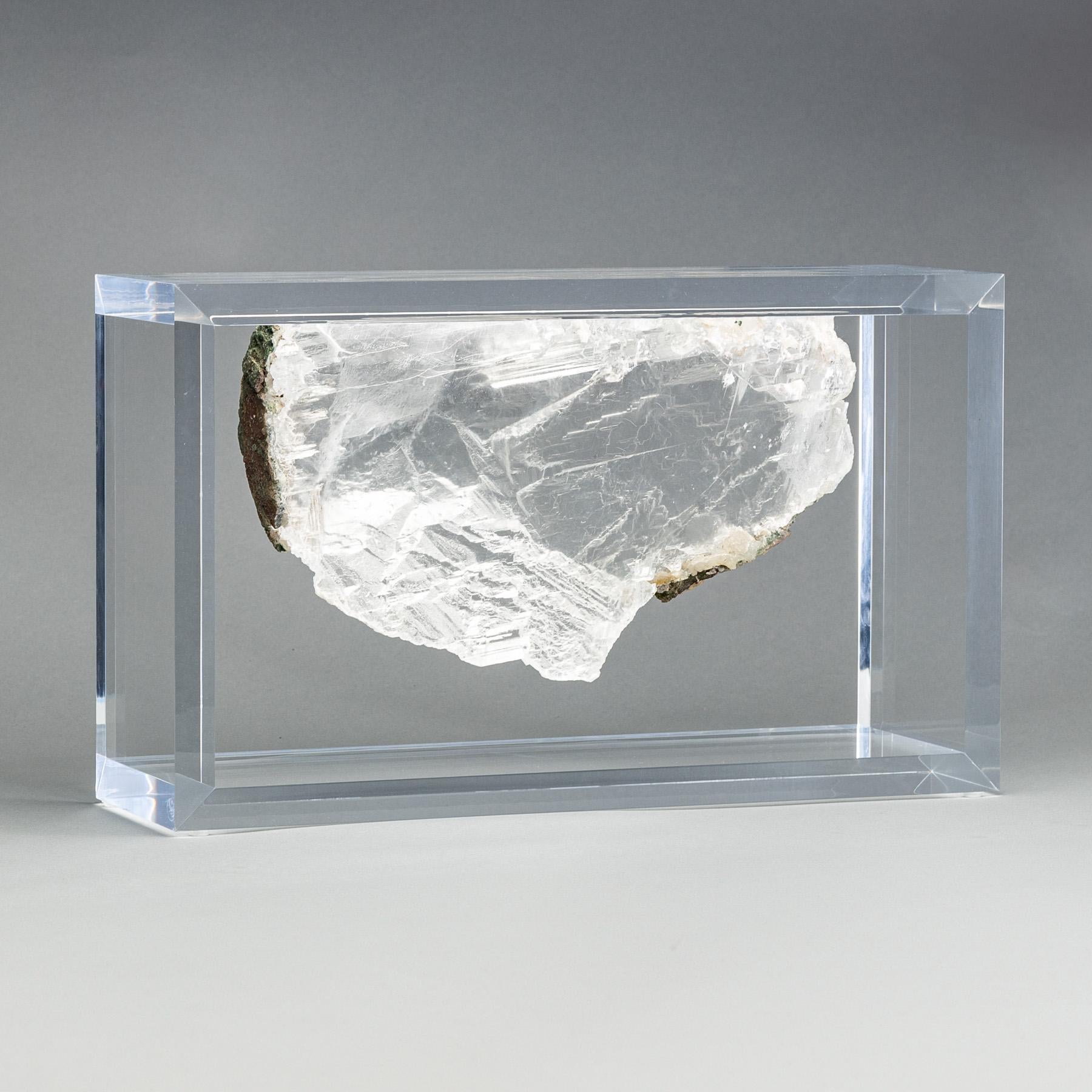 Quartz Natural Brazilian Selenite specimen mounted in original design acrylic base For Sale