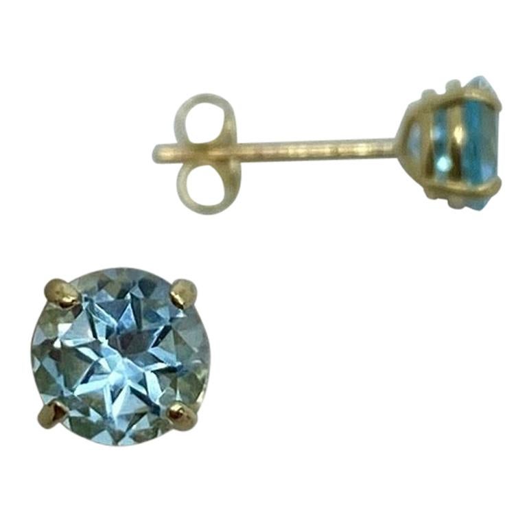 Natural Bright Blue Topaz Round Diamond Cut 1.15ct Yellow Gold 9k Earring Studs For Sale