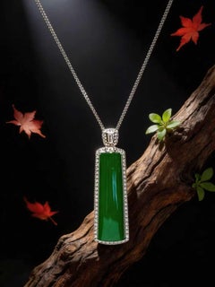 Natural Bright Green Jadeite and Diamond Pendant in 18K Gold with Necklace