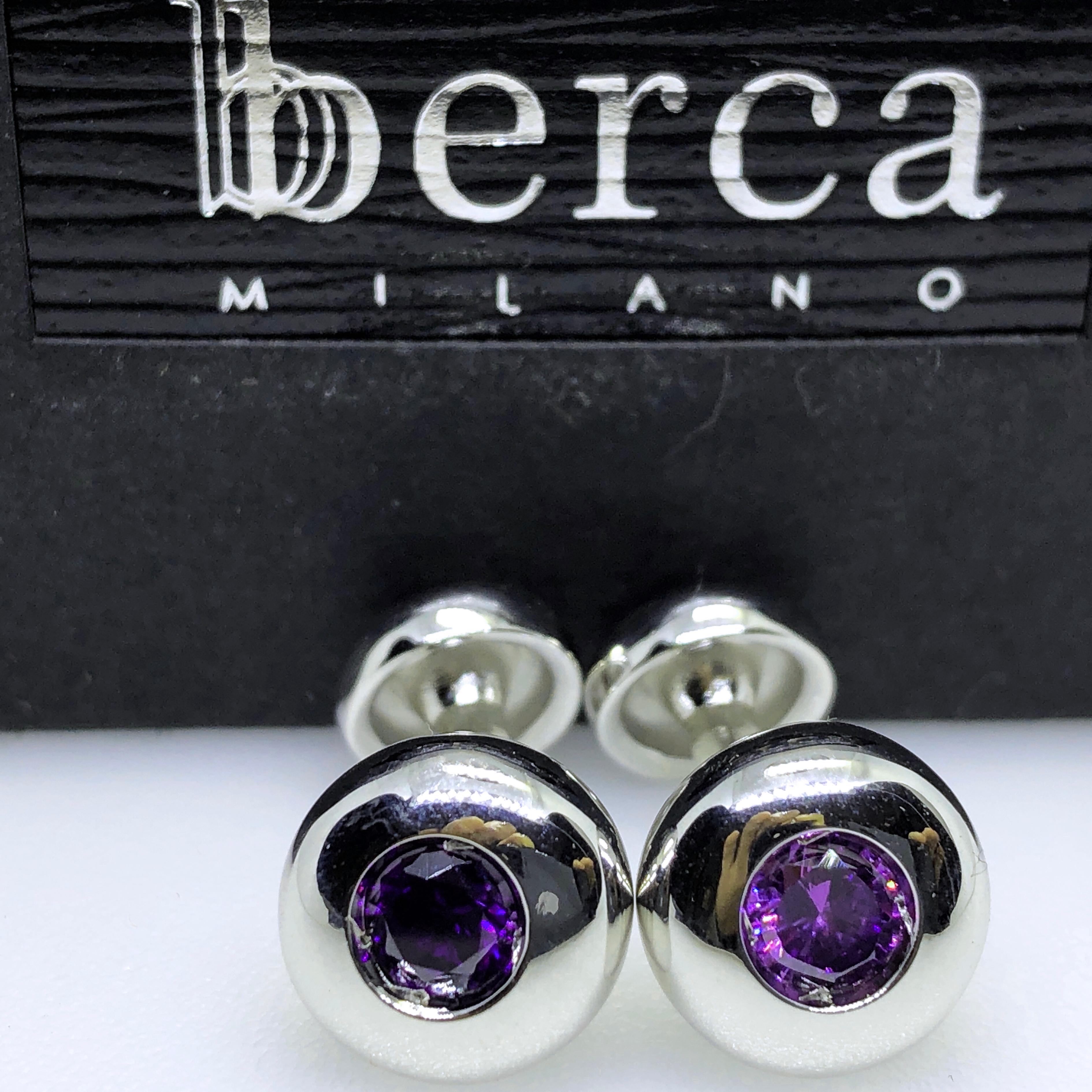 Contemporary Berca Natural Brilliant Cut Amethyst Sterling Silver Cufflinks For Sale