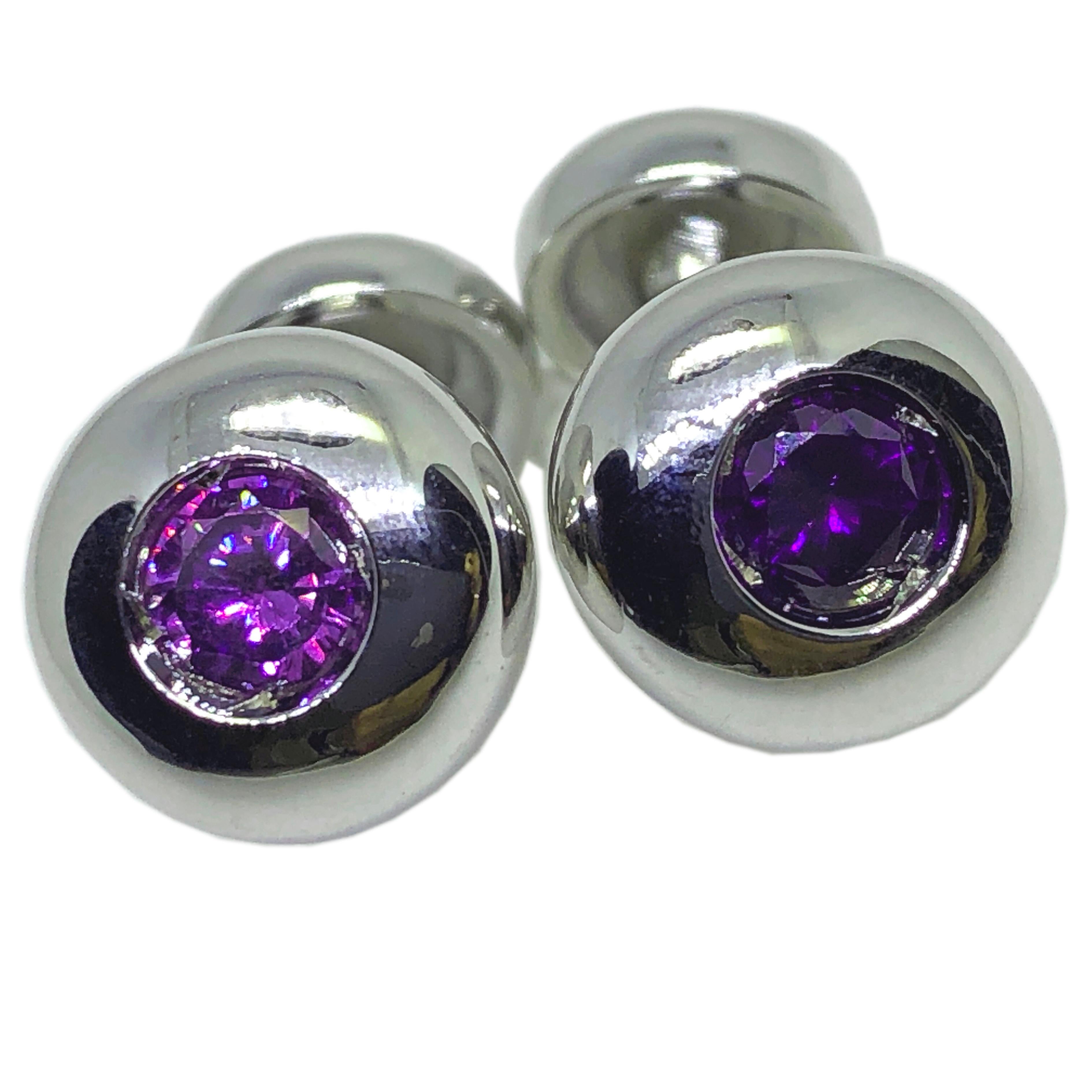 Round Cut Berca Natural Brilliant Cut Amethyst Sterling Silver Cufflinks For Sale