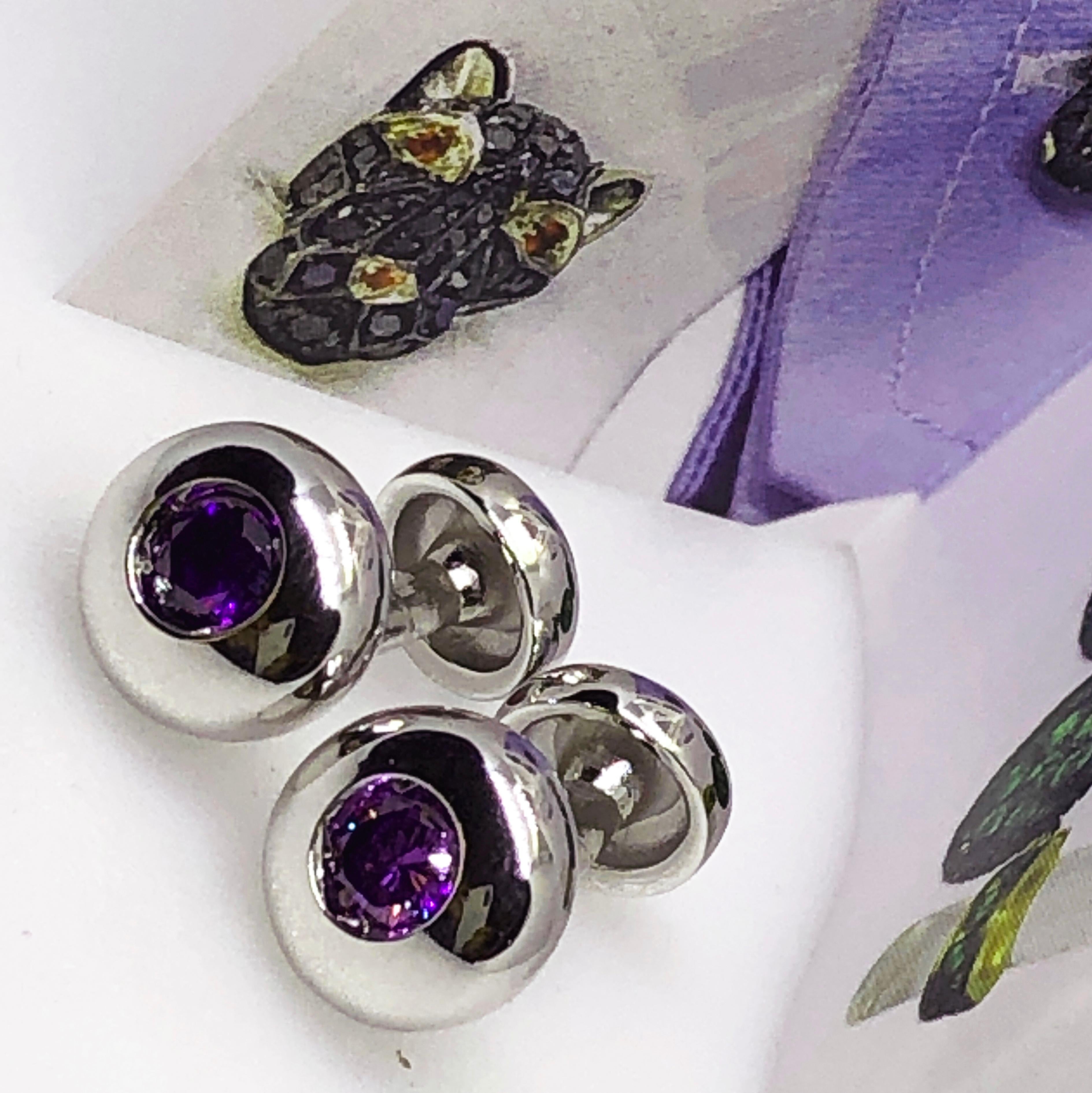 Berca Manschettenknöpfe aus Sterlingsilber mit Amethyst im natürlichen Brillantschliff im Angebot 2