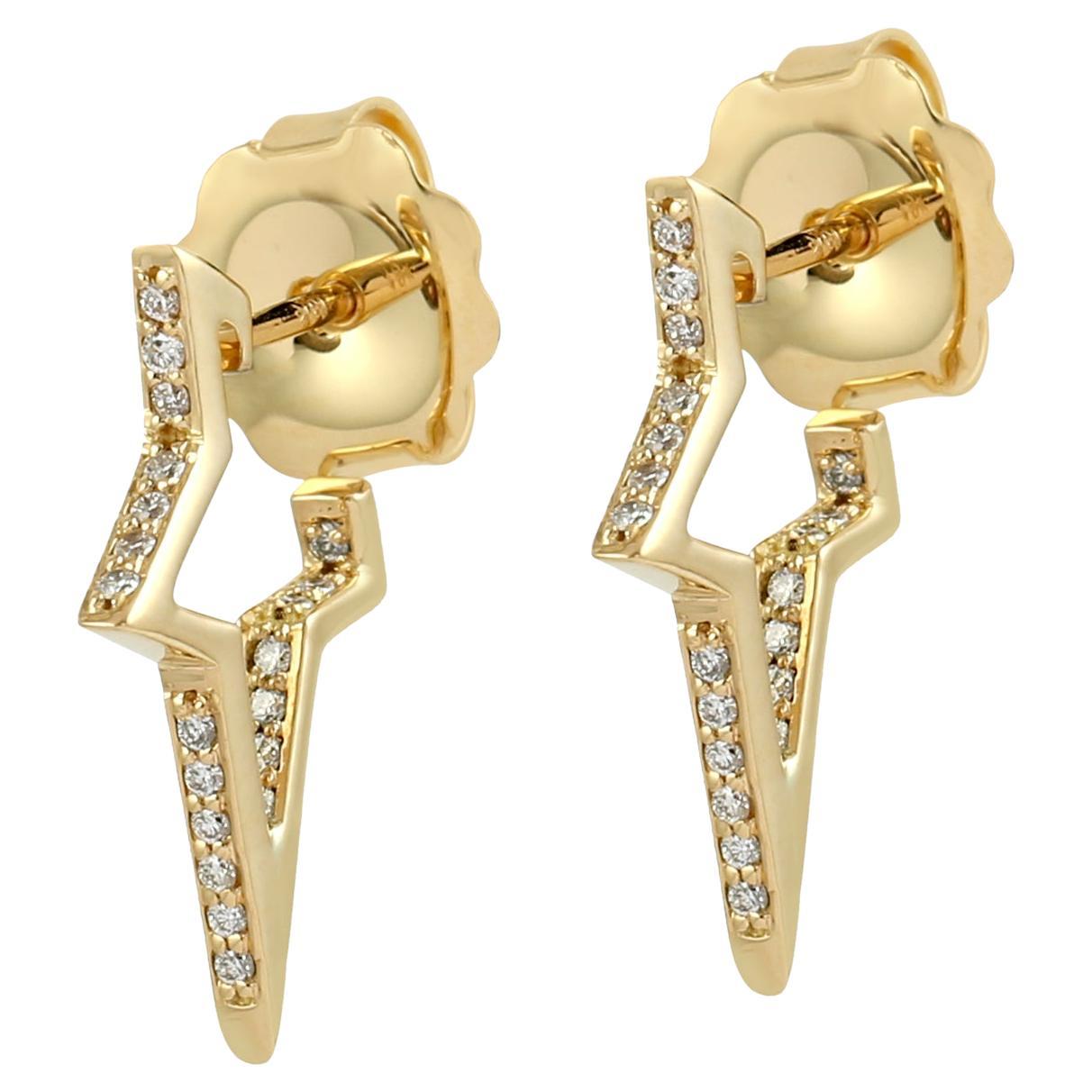 Natural Brilliant Diamonds Lightning Bolt Minimalist Earrings In 18K Gold For Sale