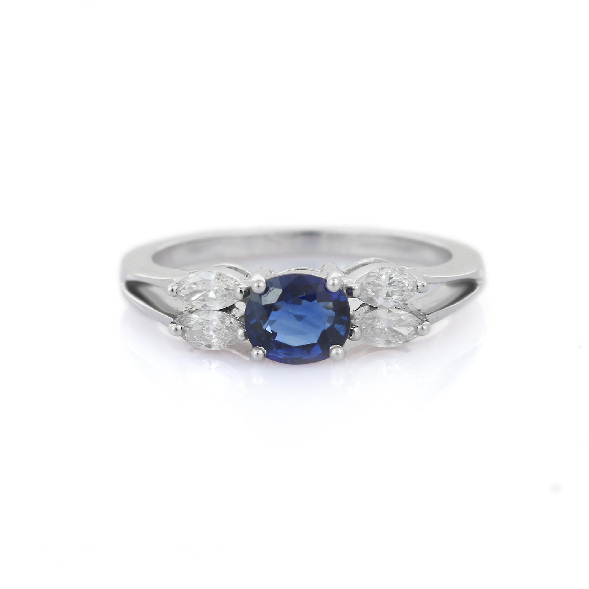 For Sale:  Natural Brilliant Marquise Cut Diamond Blue Sapphire Ring in 18K White Gold 2