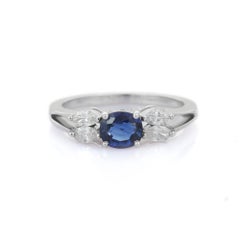 Natural Brilliant Marquise Cut Diamond Blue Sapphire Ring in 18K White Gold