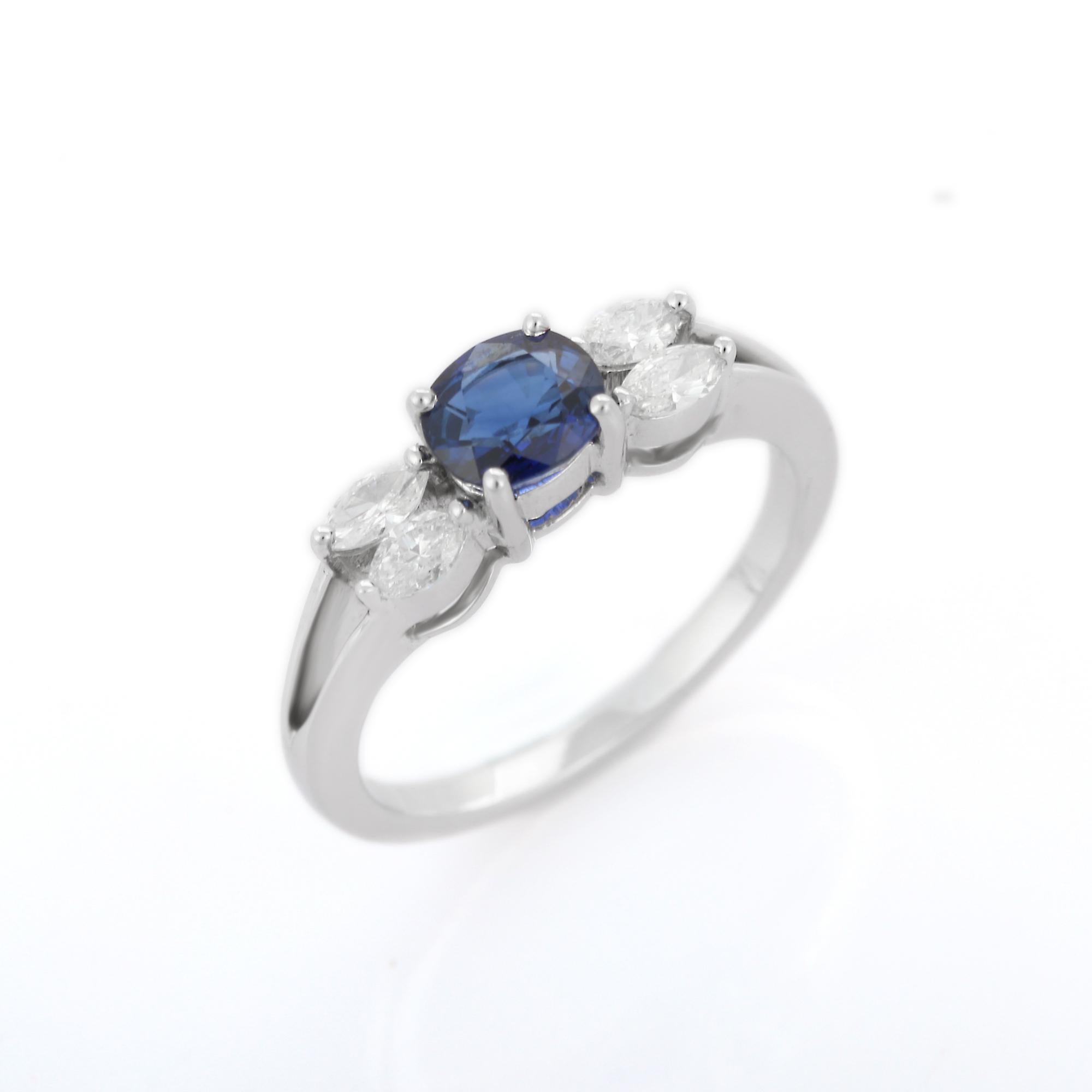 For Sale:  Natural Brilliant Marquise Cut Diamond Blue Sapphire Ring in 18K White Gold 5