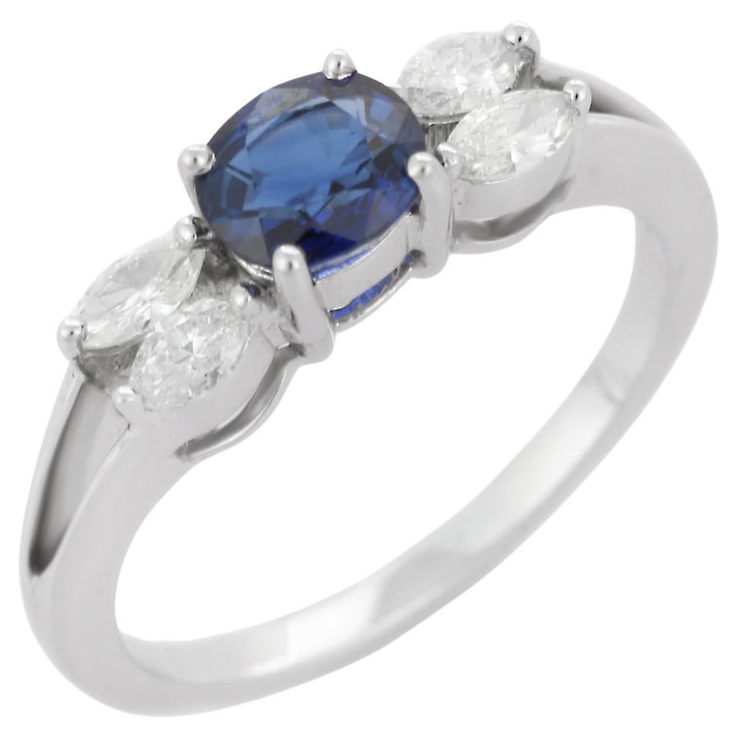 For Sale:  Natural Brilliant Marquise Cut Diamond Blue Sapphire Ring in 18K White Gold