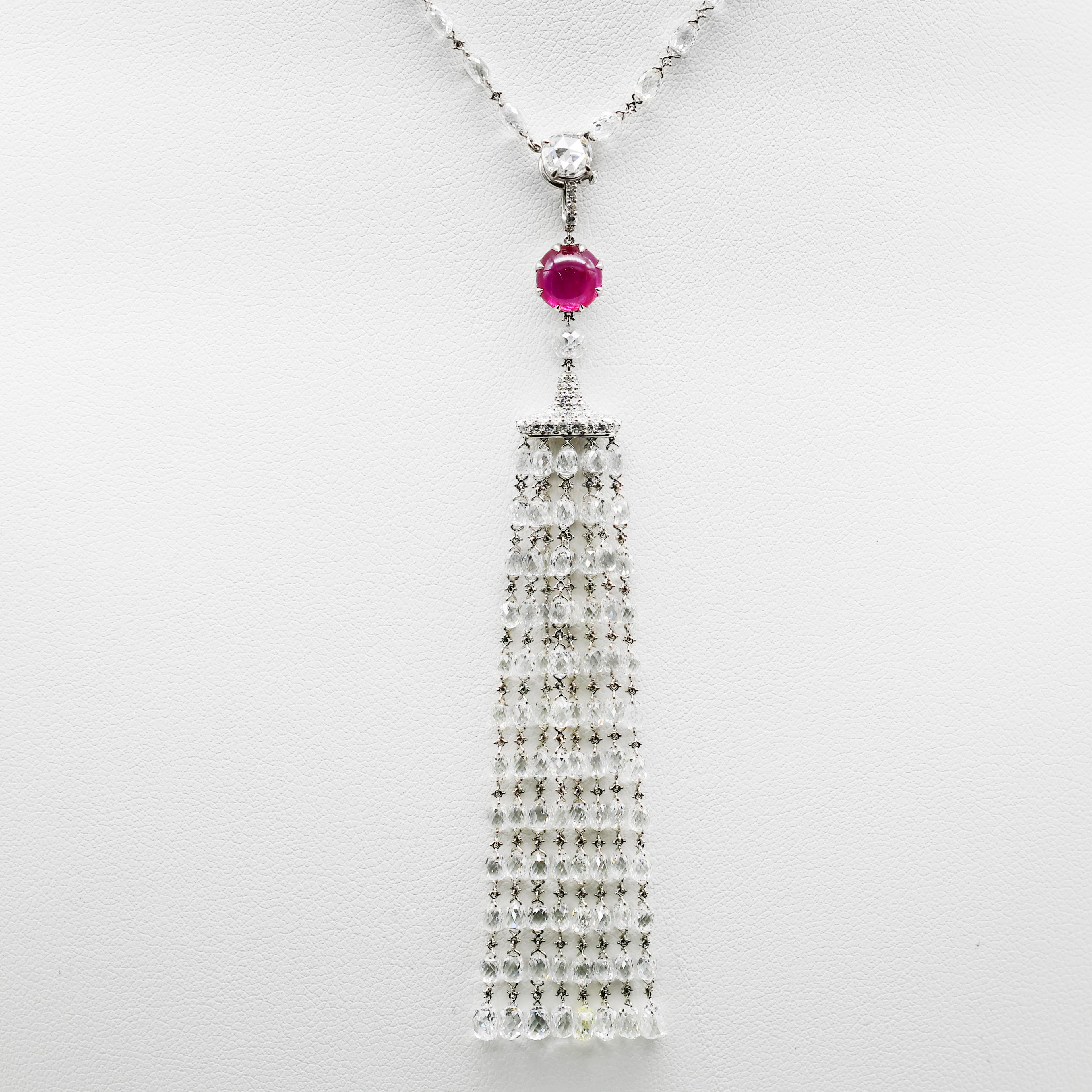 Modern Natural Briolette Diamond Burma No Heat Ruby Long Pendent Necklace in Platinum For Sale