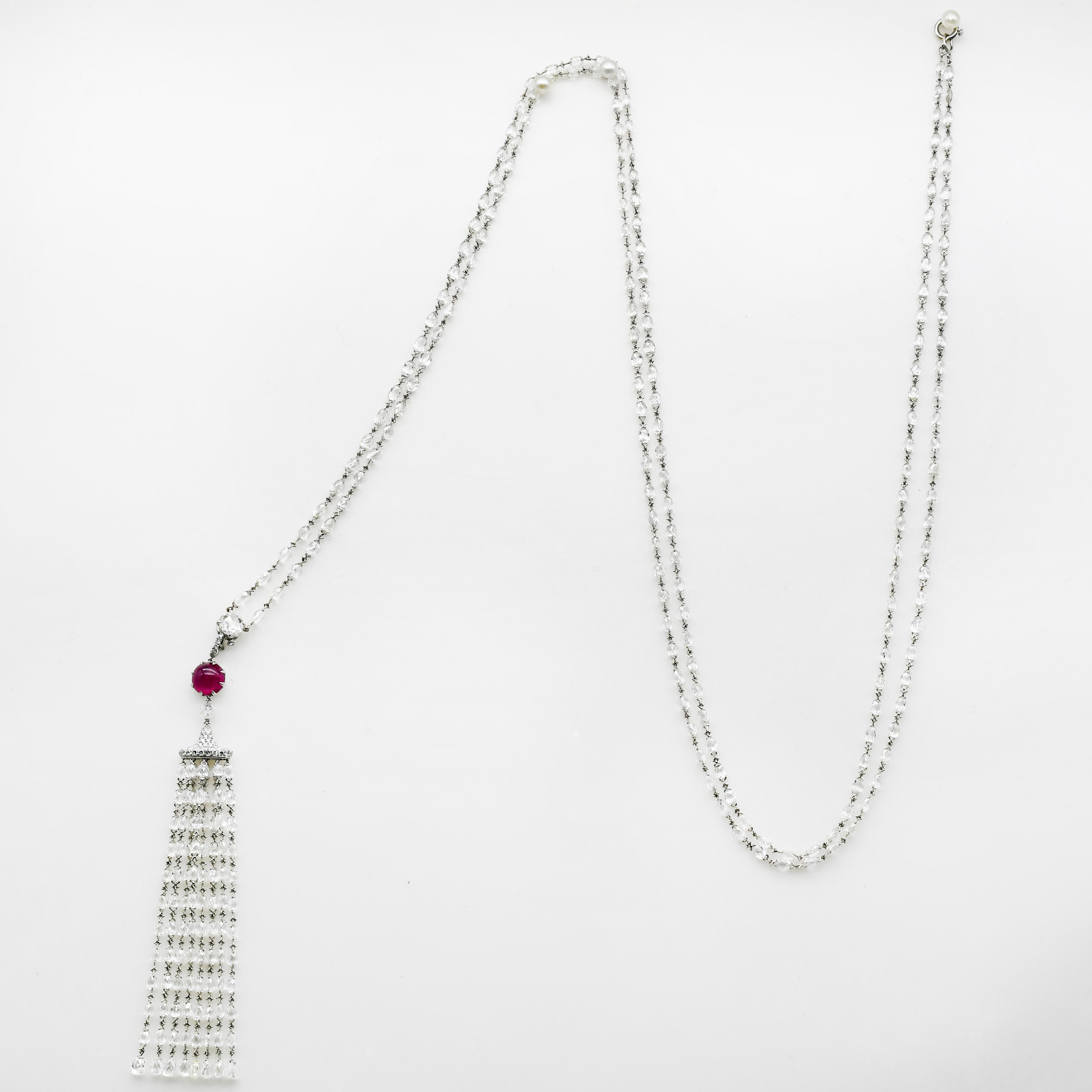 Rose Cut Natural Briolette Diamond Burma No Heat Ruby Long Pendent Necklace in Platinum For Sale