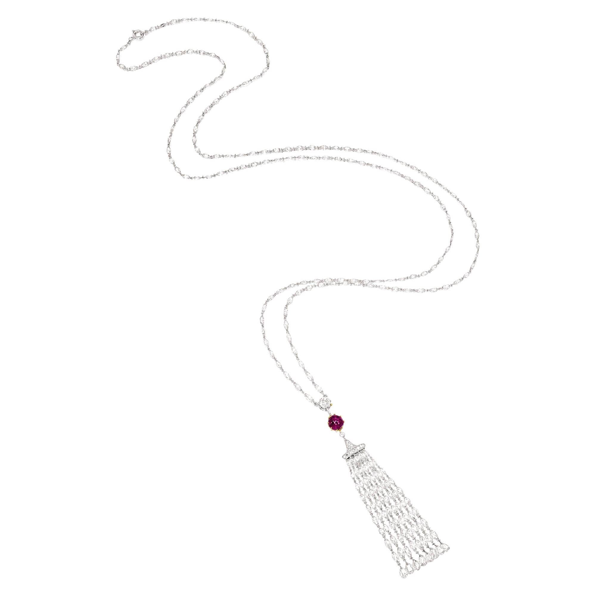 Natural Briolette Diamond Burma No Heat Ruby Long Pendent Necklace in Platinum For Sale