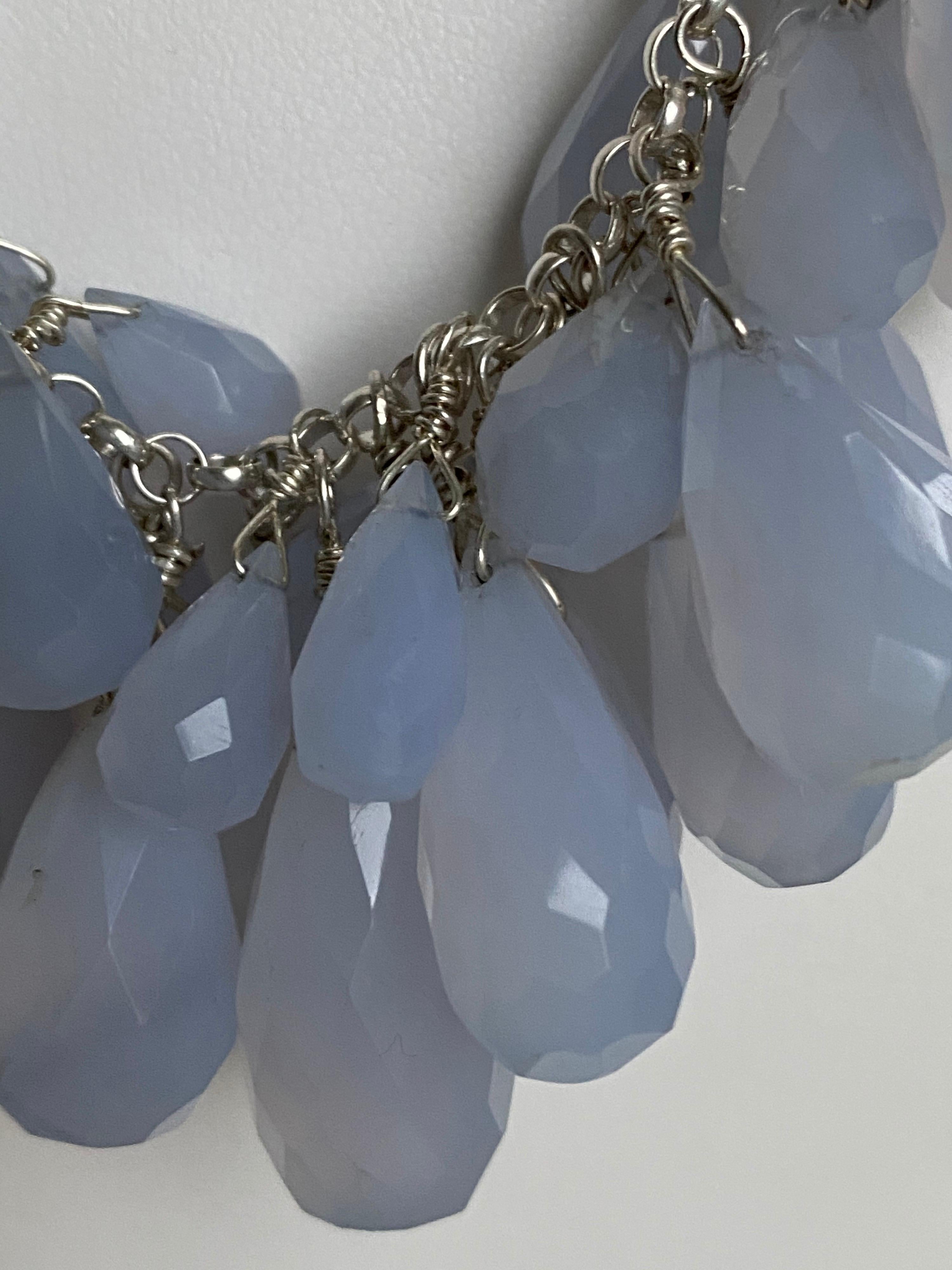 Jane Magon Collections Large Briolette Natural Chalcedony Drop Necklace in Sterling silver with an adjustable clasp. Come with the Silver Jane Magon Tag and a generous easy clasp. Measures approximately 20 inches in length. 