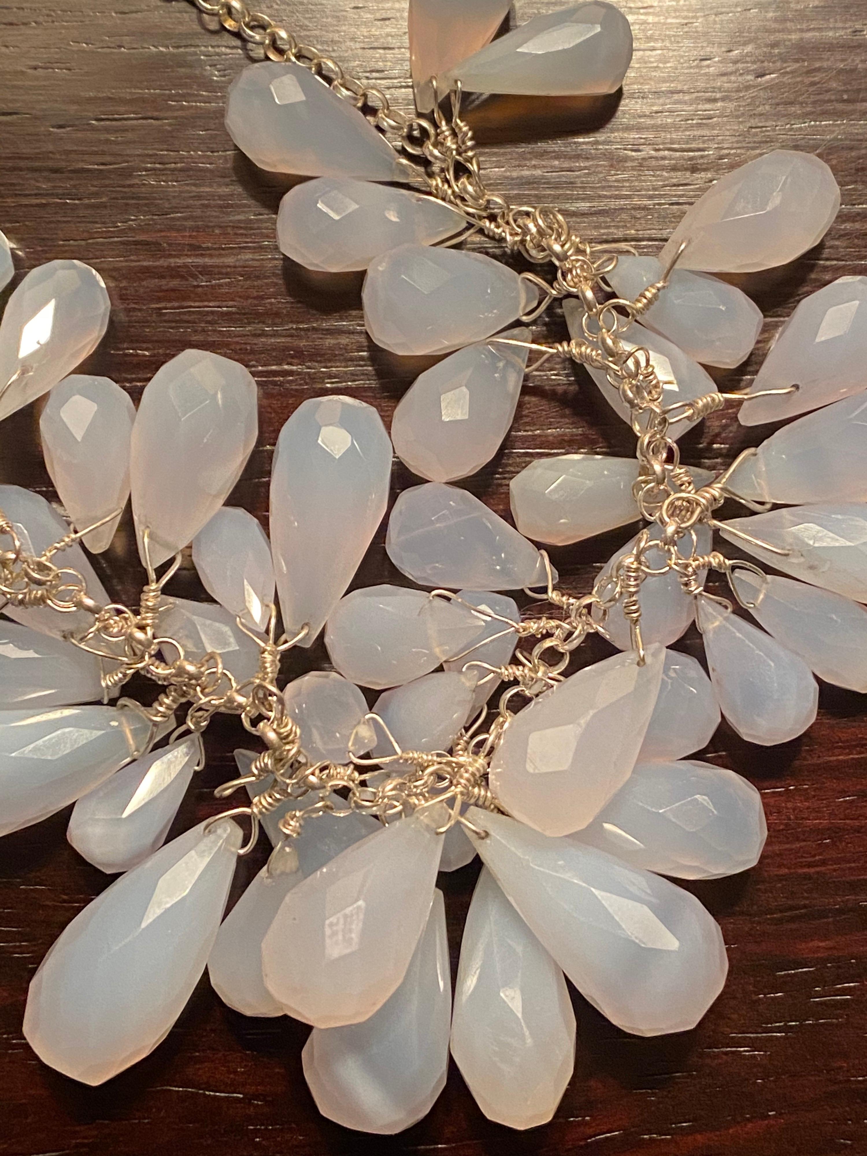 Briolette Cut Natural Briolette Powder Blue Chalcedony Drops in a Sterling Silver Necklace For Sale