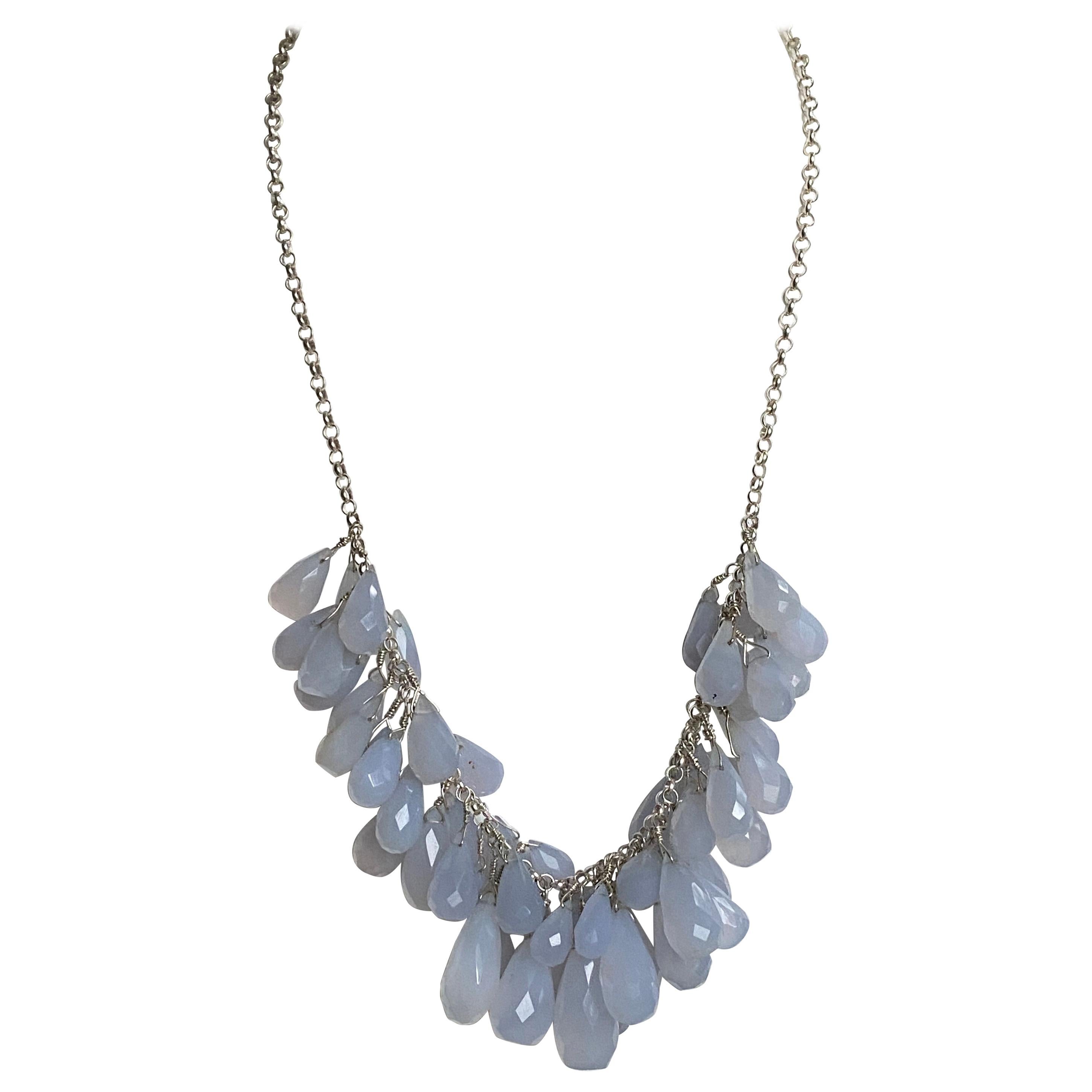 Natural Briolette Powder Blue Chalcedony Drops in a Sterling Silver Necklace For Sale