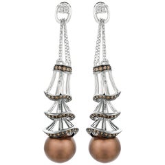 Natürliche braune und weiße Diamant- und Perlen-Lariat-Ohrringe