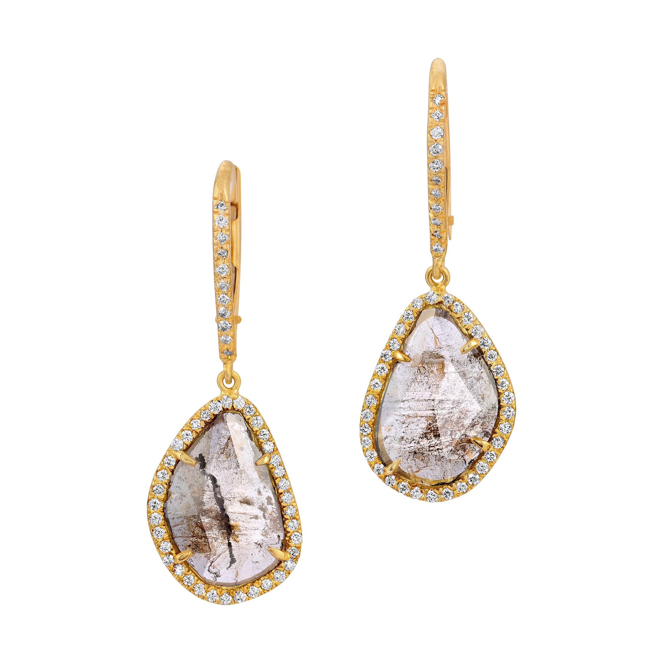 Mixed Cut Natural Brown Clear Diamond Slice Earrings with Pave Diamonds in 18k Yellow Gold