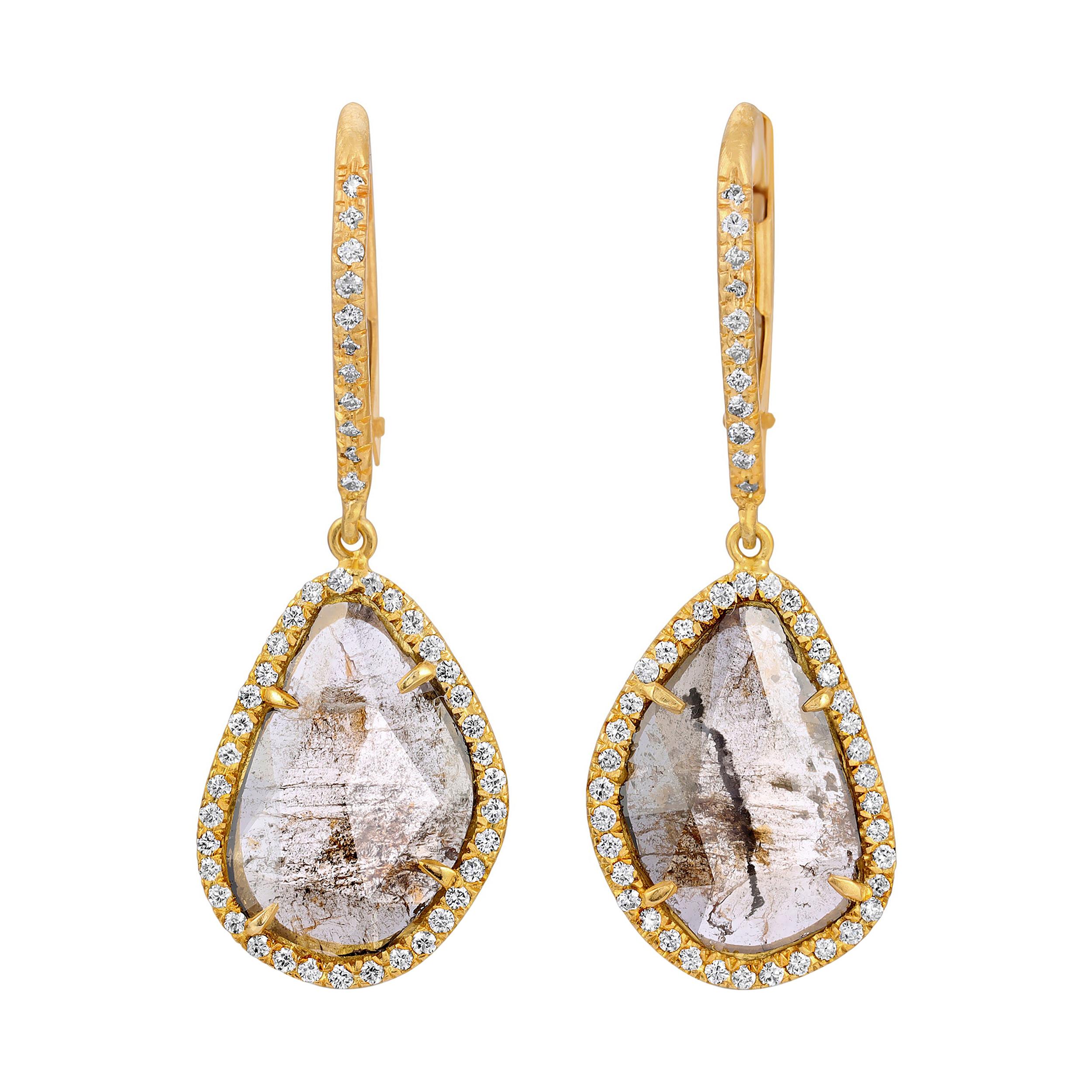 Natural Brown Clear Diamond Slice Earrings with Pave Diamonds in 18k Yellow Gold