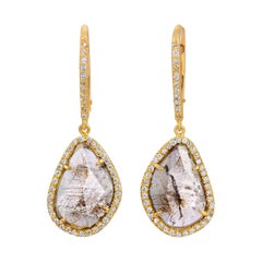 Natural Brown Clear Diamond Slice Earrings with Pave Diamonds in 18k Yellow Gold
