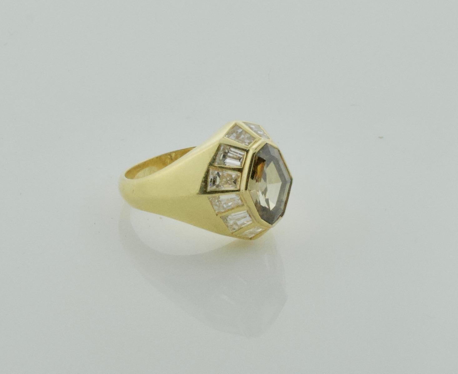 Women's or Men's Natural Brown Diamond Fancy Cut Ring in 18 Karat GIA Certification For Sale