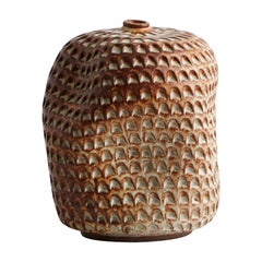 Natural Brown Handmade Midcentury Style Ceramic Vase Hand Carved Textured
