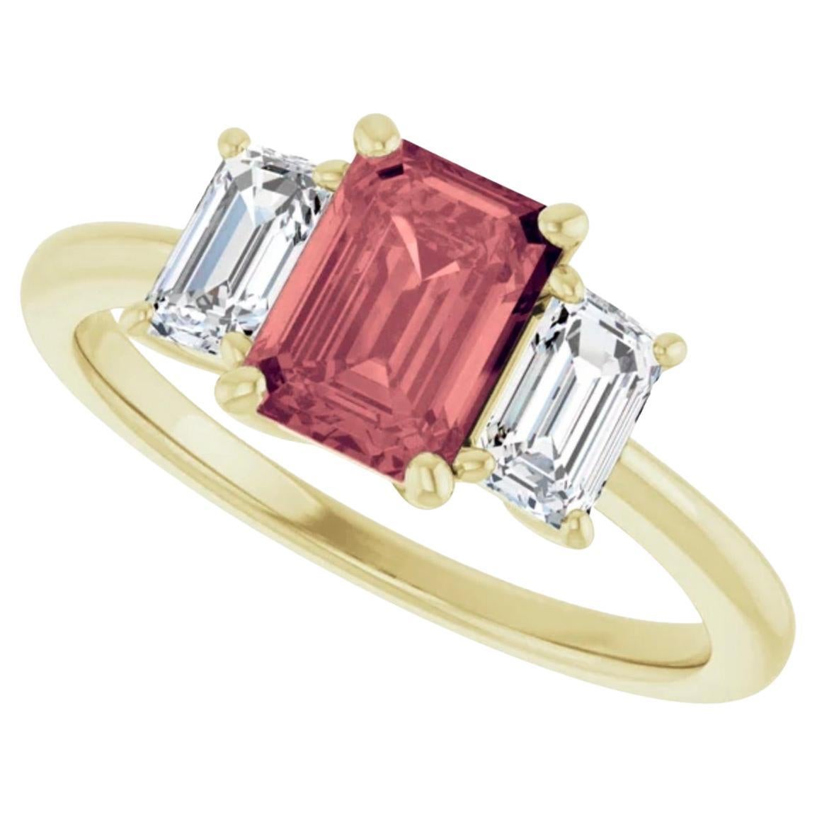 Taille émeraude Bague de fiançailles à trois pierres en or, saphir rose brun naturel et diamant en vente